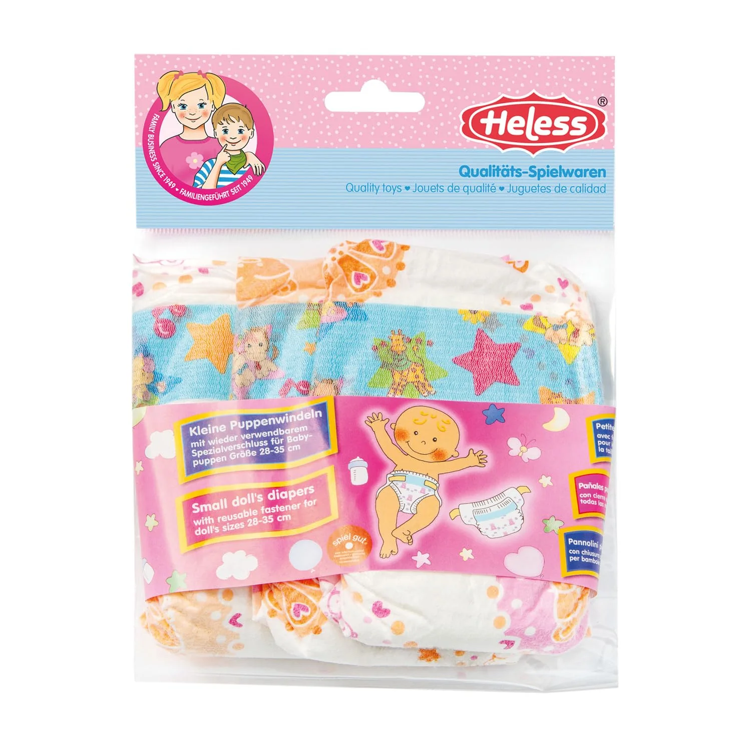 Heless 375 - Puppenwindeln, 3 Stück, am Bund bedruckt mit farbenfrohen Kindermotiven, wiederverwendbarer Klettverschluss, Größe 28 - 35 cm - Image 3