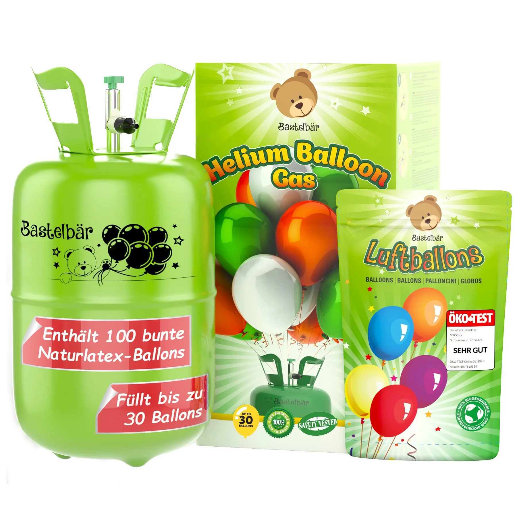 Helium Gasflasche + 100 Luftballons ÖKO-TEST "SEHR GUT" • für ca. 30 Ballons ✓ garantierte 200l Ballongas ✓ Ballons MADE IN EU ✓ Helium Balloon Gas • praktisches Füllsystem für Party, Geburtstag uvm.