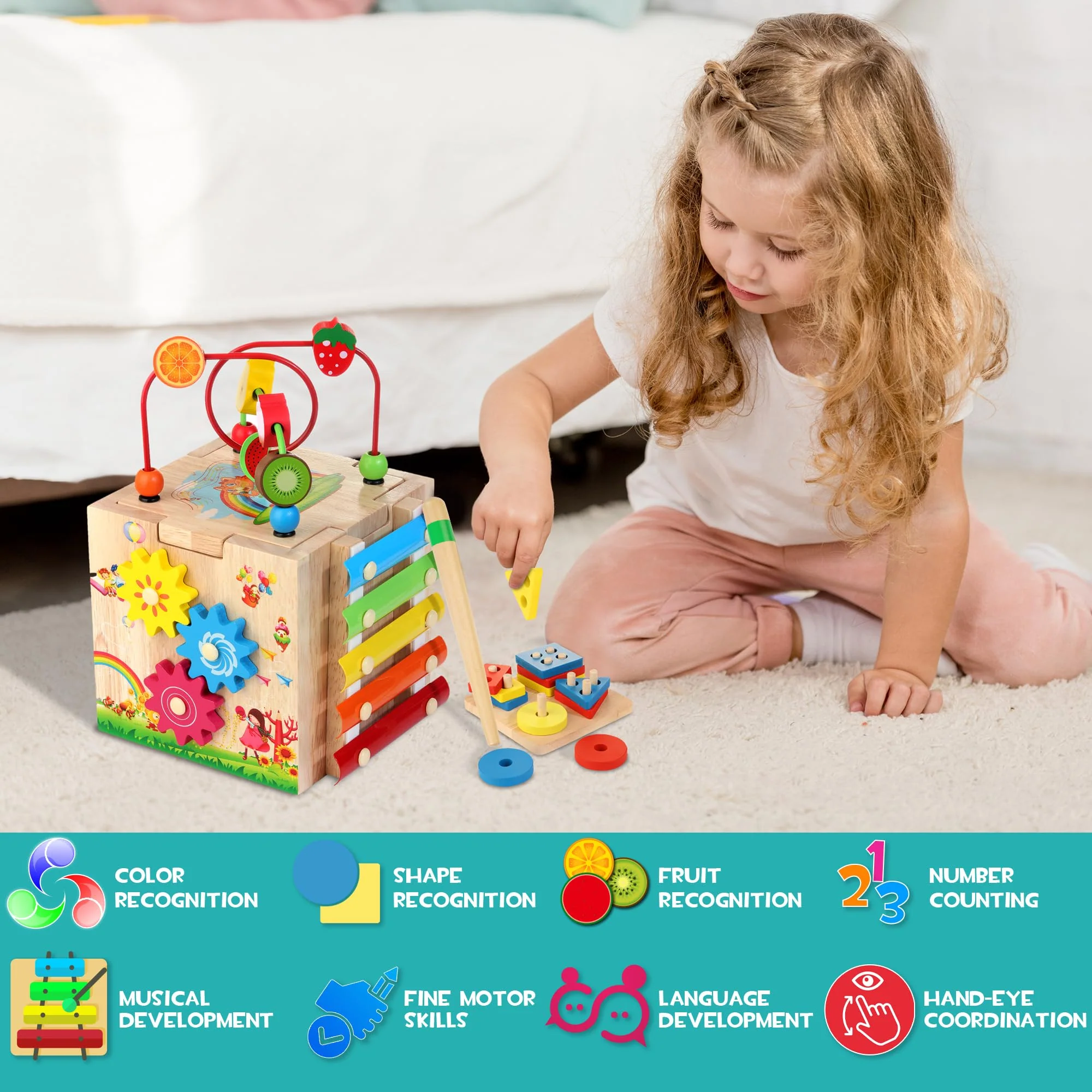 HELLOWOOD Motorikwürfel Aktivitätswürfel aus Holz 8 in 1 Motorikspielzeug mit Stapel- und Sortierbrett Wort Karten(Auf Englisch) Montessori Lernspielzeug für Kleinkinder Baby ab 18 Monaten - Image 2