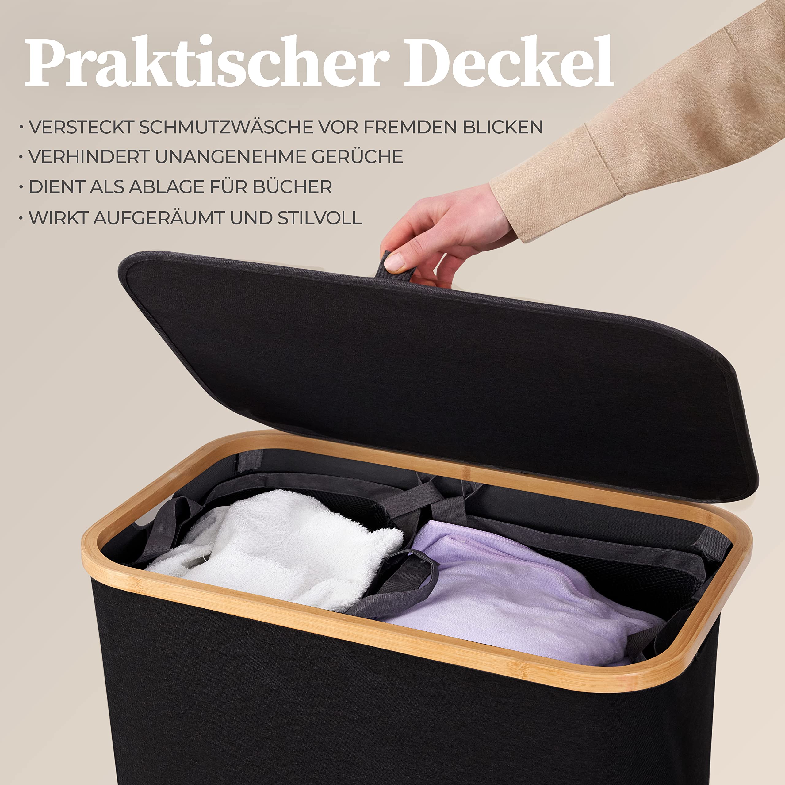 HENNEZ Wäschekorb mit Deckel 2 Fächer Wäschekorb schmal schwarz 141L Wäschesack - Wäschesortierer Anthrazit Wäschebox Wäschetonne schwarzer Wäschesammler mit Deckel Wäschetruhe dunkle Wäschekörbe - Image 4