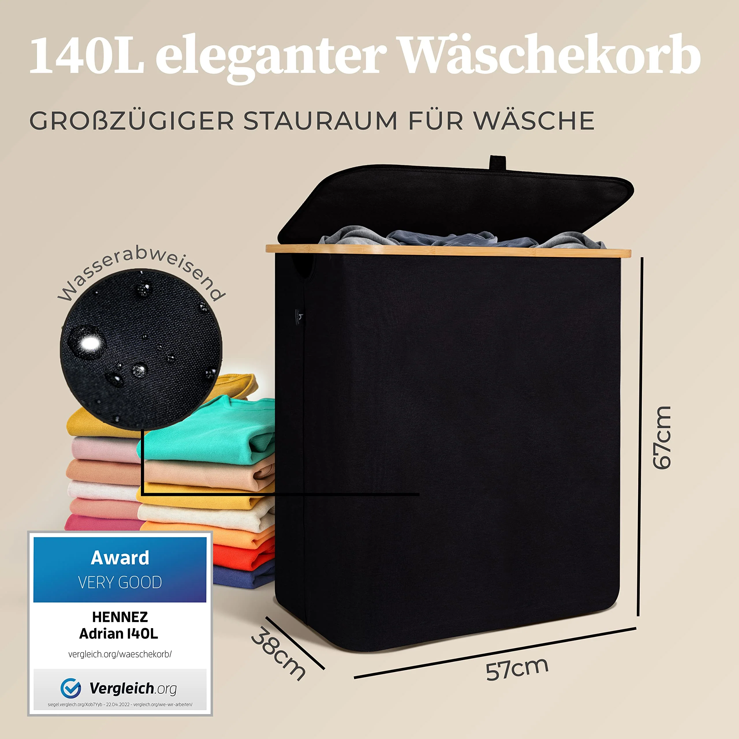 HENNEZ Wäschekorb mit Deckel 2 Fächer Wäschekorb schmal schwarz 141L Wäschesack - Wäschesortierer Anthrazit Wäschebox Wäschetonne schwarzer Wäschesammler mit Deckel Wäschetruhe dunkle Wäschekörbe - Image 5
