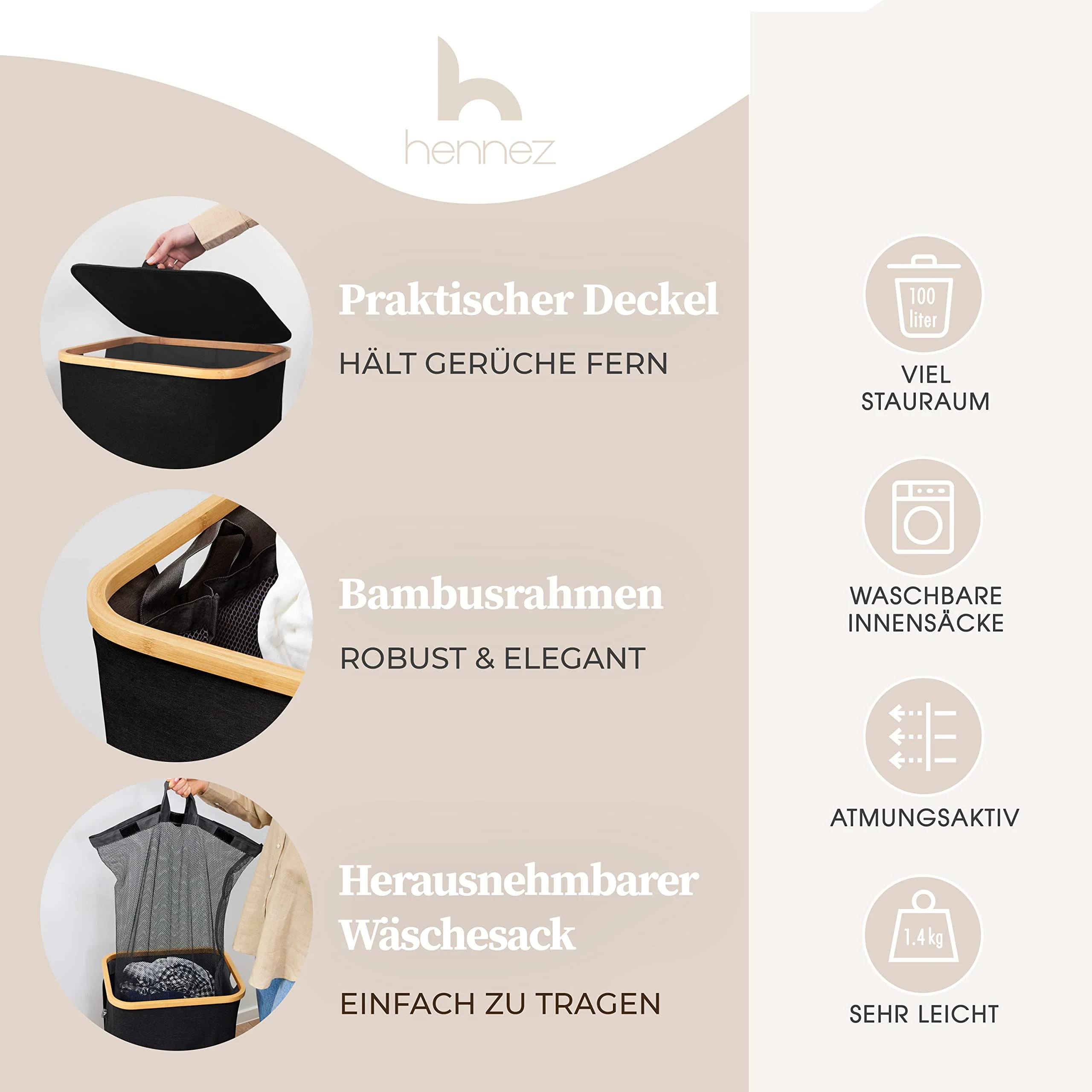 HENNEZ Wäschekorb mit Deckel 2 Fächer Wäschekorb schmal schwarz 141L Wäschesack - Wäschesortierer Anthrazit Wäschebox Wäschetonne schwarzer Wäschesammler mit Deckel Wäschetruhe dunkle Wäschekörbe - Image 6