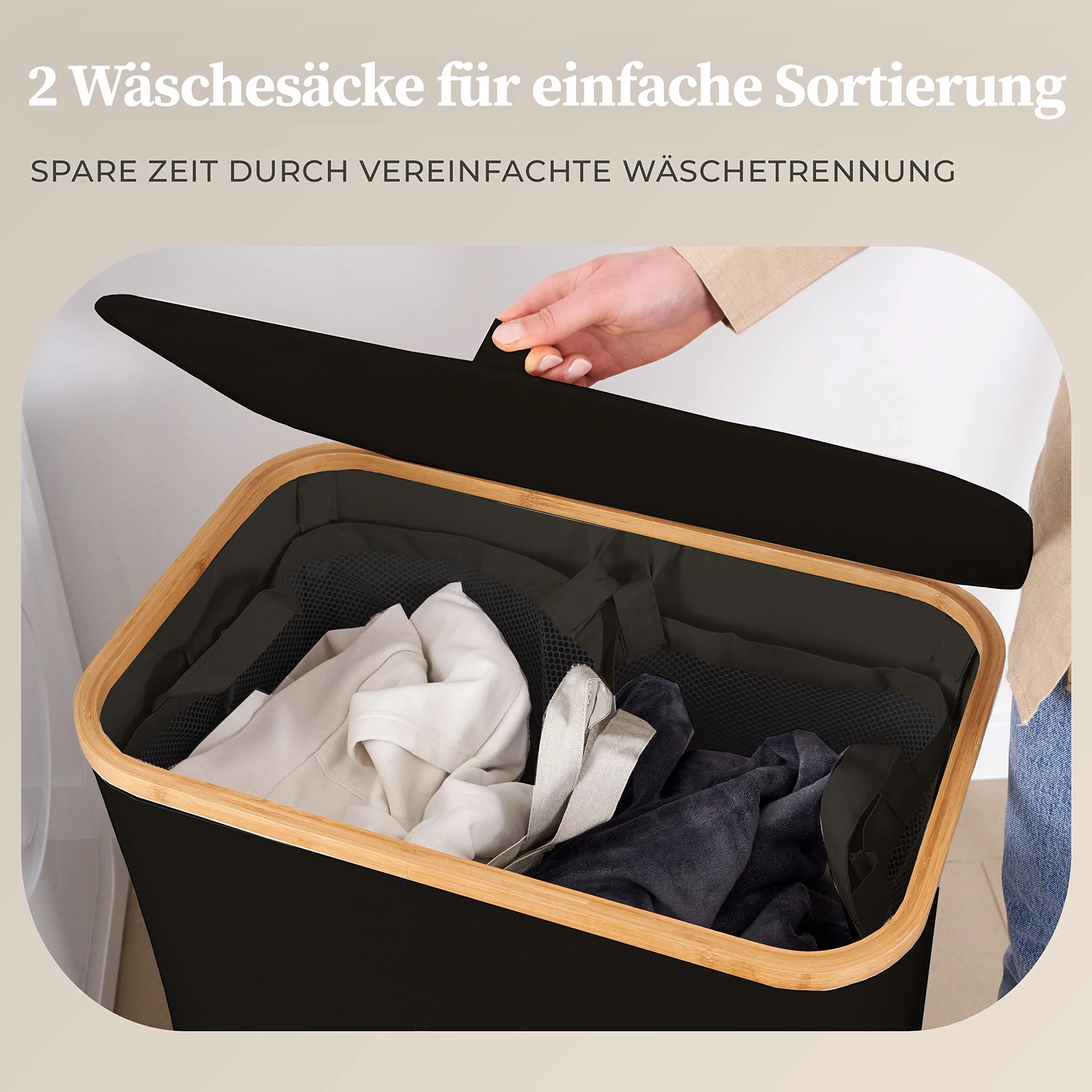 HENNEZ Wäschekorb mit Deckel 2 Fächer Wäschekorb schmal schwarz 141L Wäschesack - Wäschesortierer Anthrazit Wäschebox Wäschetonne schwarzer Wäschesammler mit Deckel Wäschetruhe dunkle Wäschekörbe - Image 7