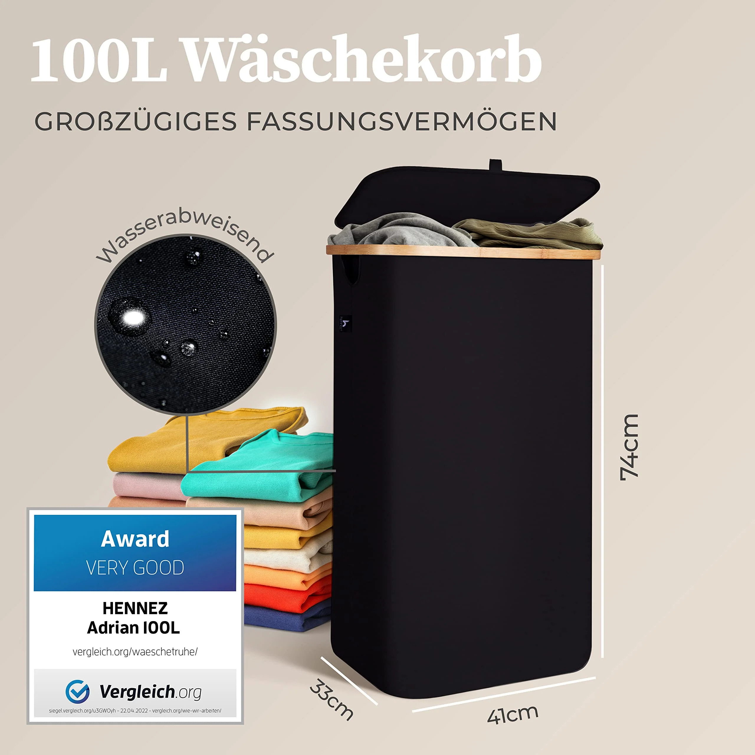 HENNEZ Wäschekorb mit Deckel – Wäschekorb mit Griff aus Bambus – Wäschekorb, faltbar, 100 l – Wäschekorb für Waschküche, Wäschekorb, Schwarz - Image 10