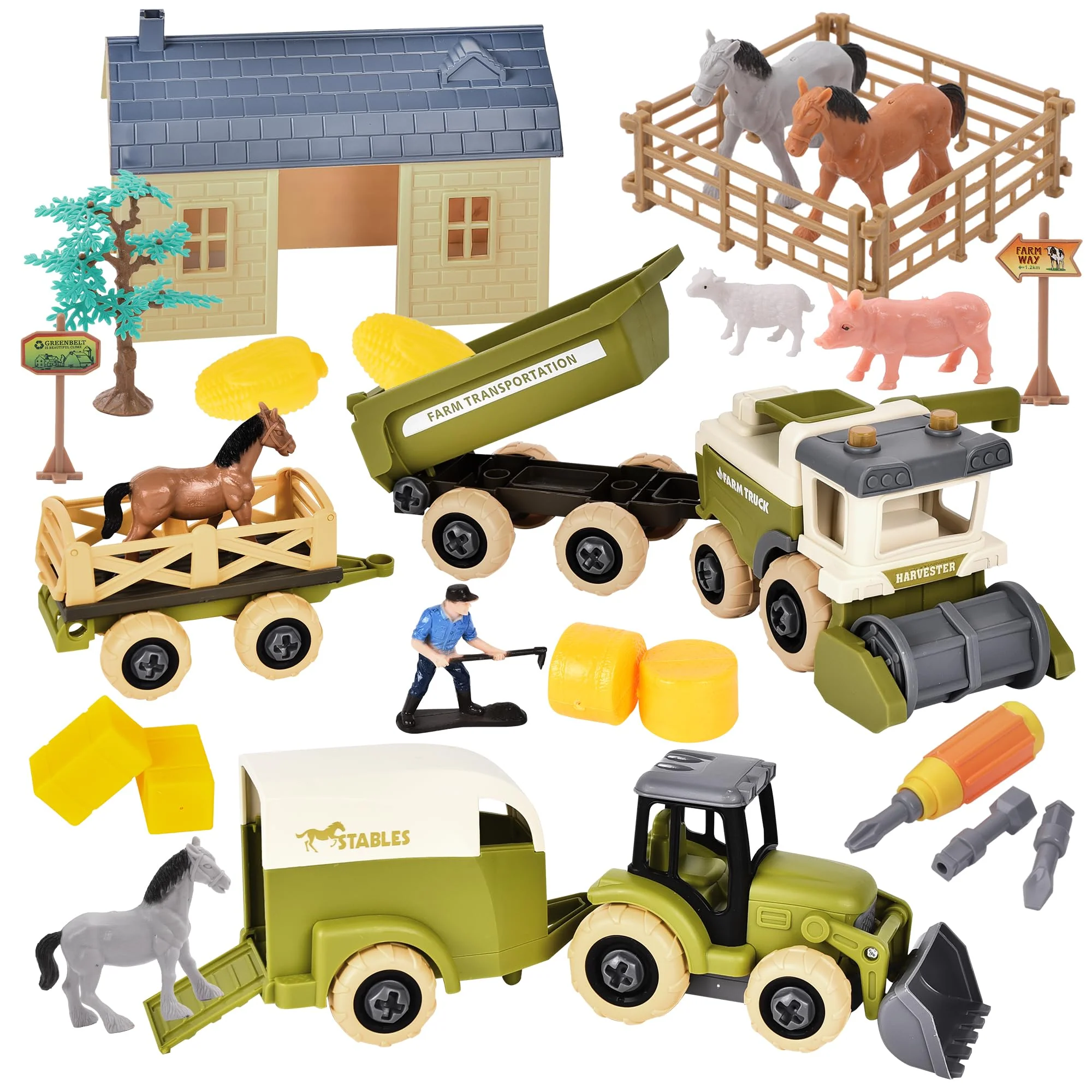 Herefun Bauernhof Traktor Spielzeug, Bauernhof Tiere Spielzeug Set mit Haus, Vieh und Abnehmbarer Wagen, Traktor Spielzeug ab 2 Jahre, Geburtstag Geschenke 2 3 4+ Jahre
