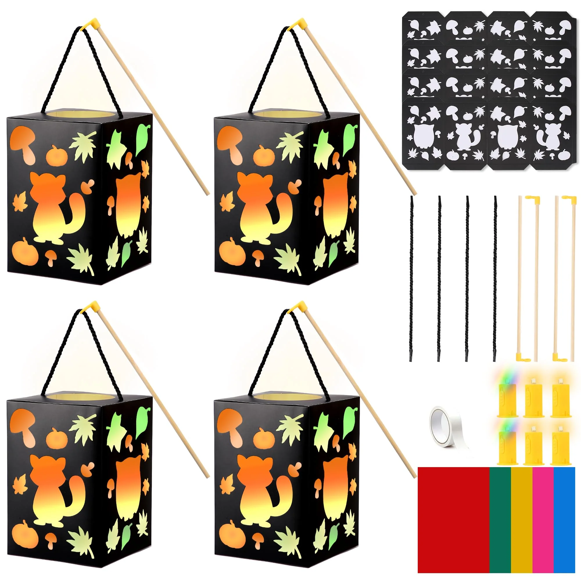 Herenear 4-teiliges Laternen Bastelset für Kinder, Sankt Martin Laterne Basteln, Waldtiere Laternen mit LED und Buntglaseffekt, St. Martin Laternenumzug, Kreatives Geschenk-Set für Jungen Mädchen