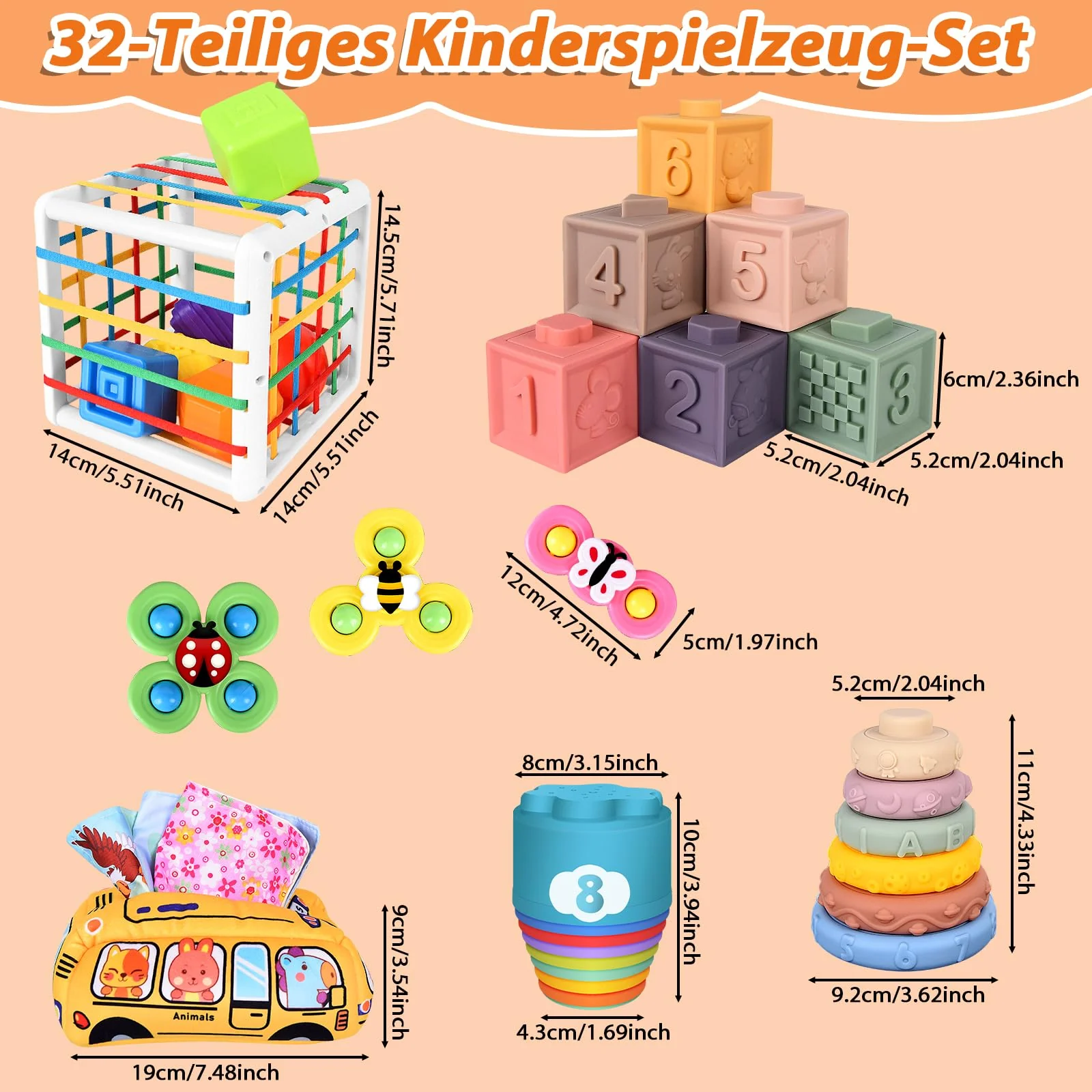 Herenear 6 in 1 Montessori Spielzeug Baby, Spielzeug Baby ab 6 Monate, Motorikspielzeug, Stapelspiel Bausteine, Tissue Box, Montessori Spielzeug ab 1 Jahr, Geschenk für Junge Mädchen - Image 2