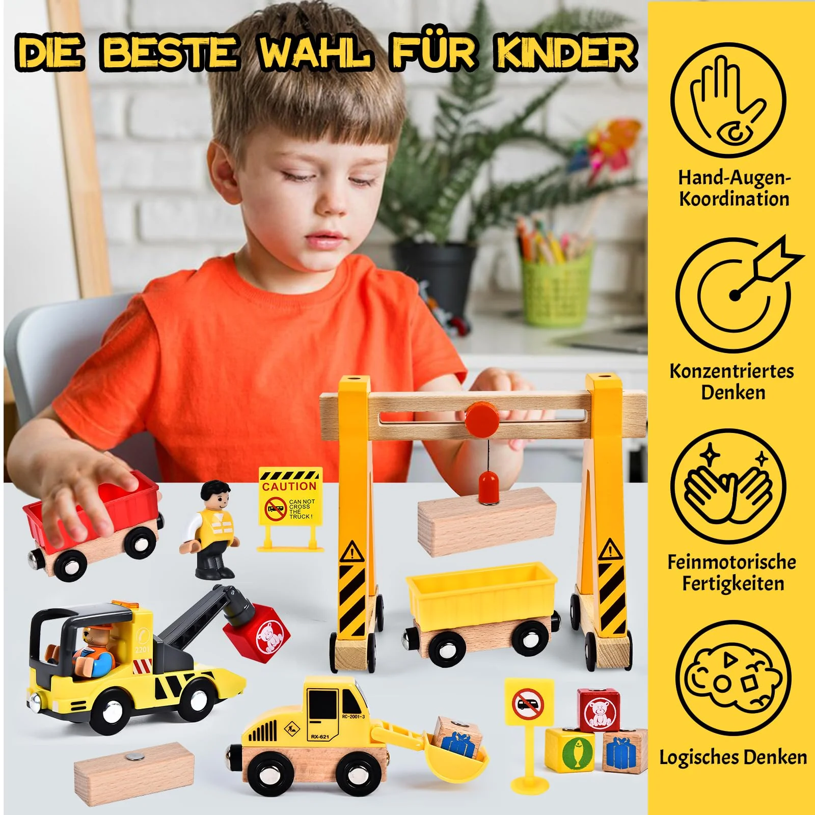 Herenear Baufahrzeuge Kinder Holzspielzeug, Baustelle Kinder, Holz Konstruktions Fahrzeuge Geschenk, Baukästen aus Holz mit Portalkran, Kranwagen, Straßenwalze, Kran, Bagger Spielzeug - Image 2