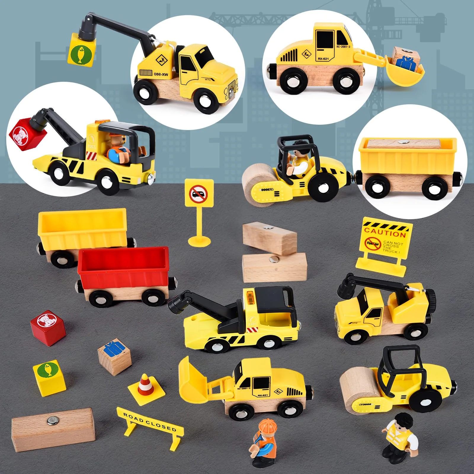 Herenear Baufahrzeuge Kinder Holzspielzeug, Baustelle Kinder, Holz Konstruktions Fahrzeuge Geschenk, Baukästen aus Holz mit Portalkran, Kranwagen, Straßenwalze, Kran, Bagger Spielzeug - Image 3