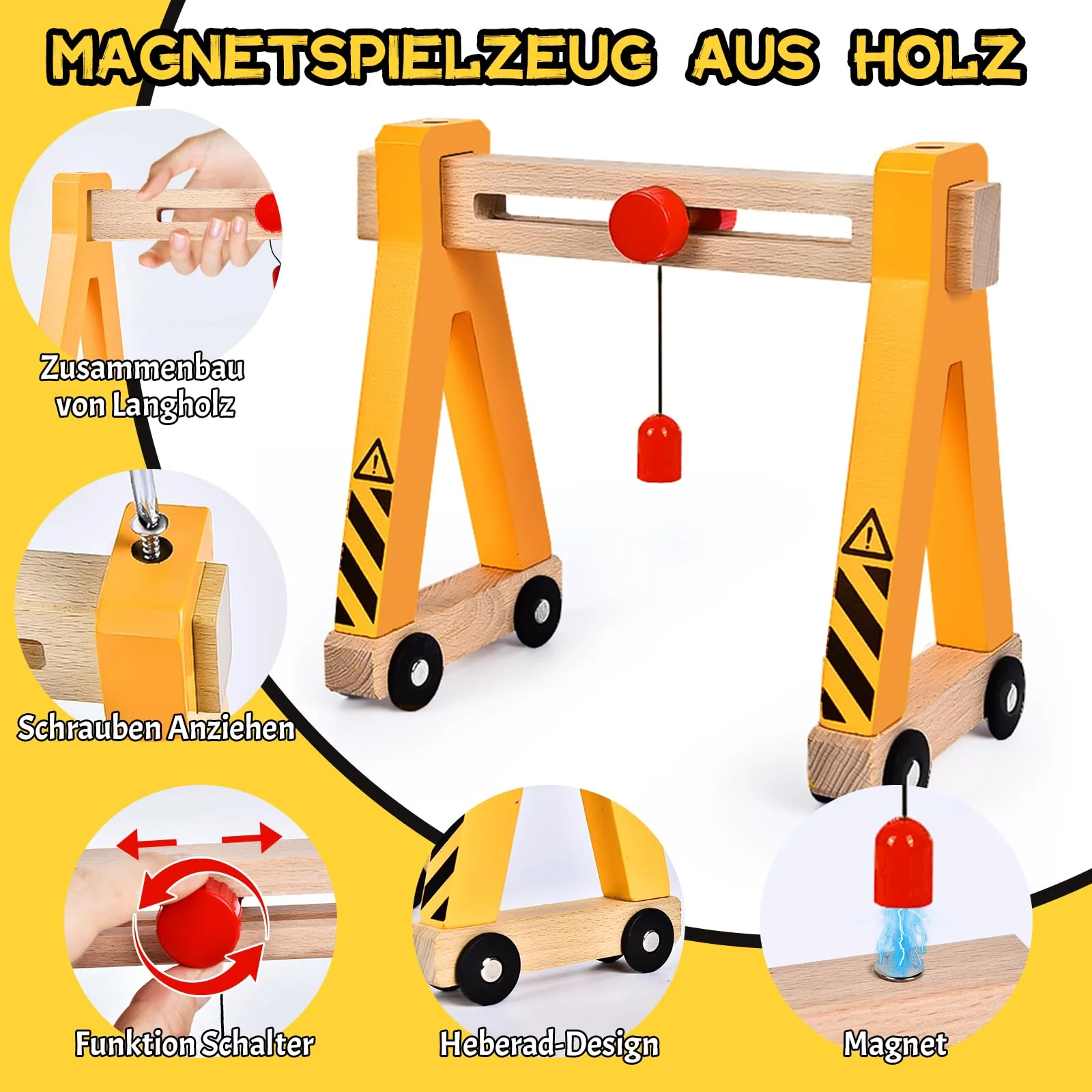 Herenear Baufahrzeuge Kinder Holzspielzeug, Baustelle Kinder, Holz Konstruktions Fahrzeuge Geschenk, Baukästen aus Holz mit Portalkran, Kranwagen, Straßenwalze, Kran, Bagger Spielzeug - Image 4