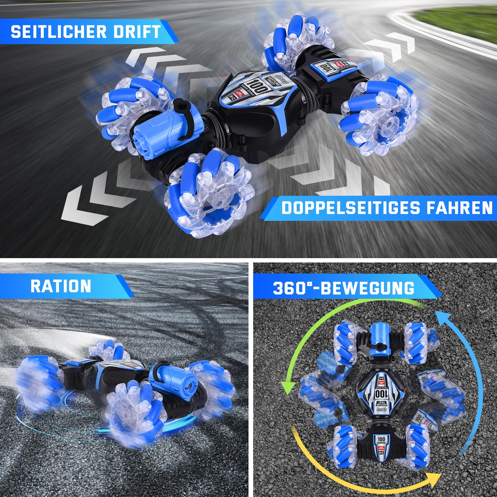 Herenear Ferngesteuertes Auto mit Handsteuerung, 4WD 2.4GHz RC Stunt Car mit Licht und Sprühen, 360° Drehung Crawler Fahrzeug, Doppelseitige Rotierende Off Road RC Twist Car für Kinder (Blau) - Image 3
