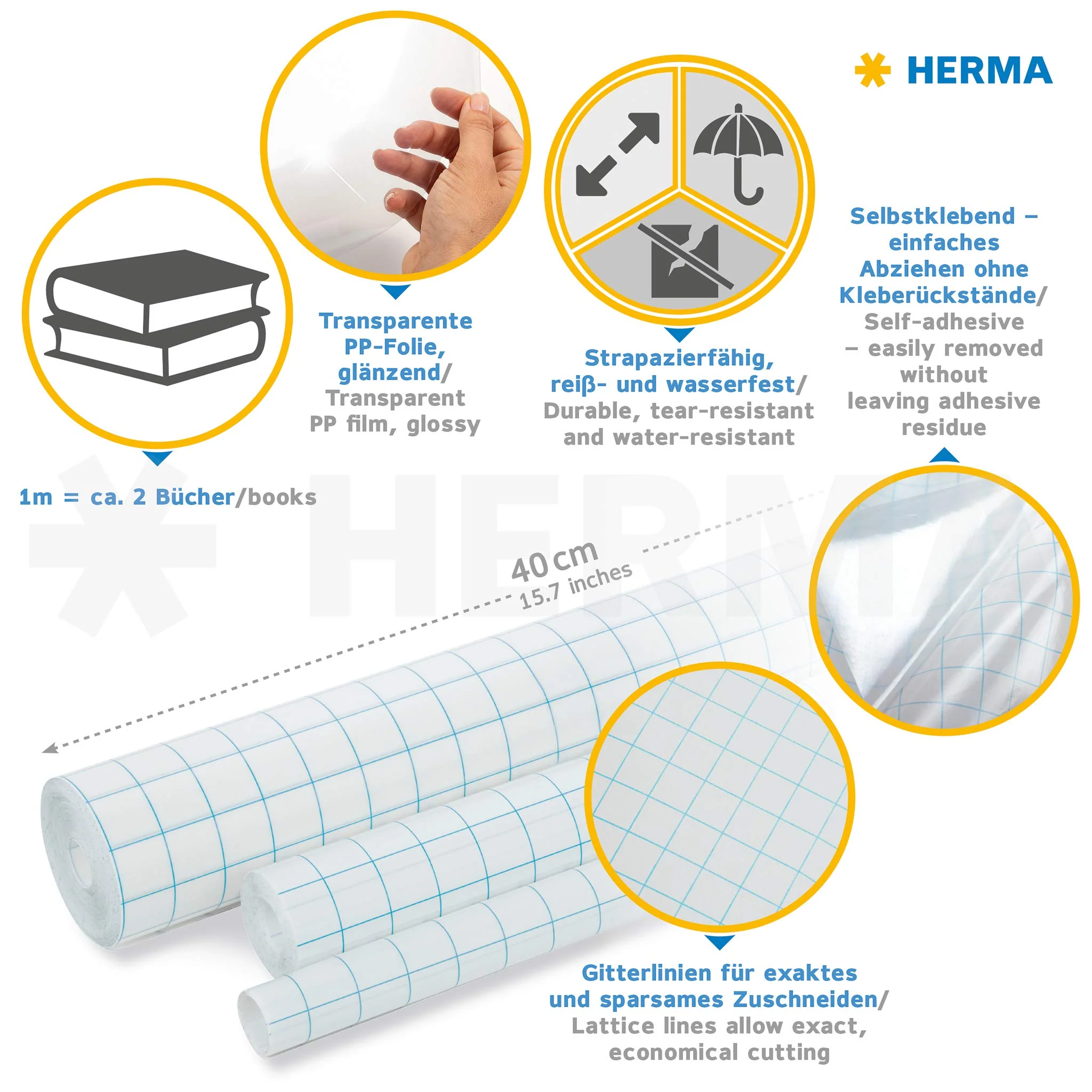 HERMA 7005 Buchschutzfolie selbstklebend transparent, 5 m x 40 cm, reiß- & wasserfest Bucheinschlagfolie, glänzende Buchfolie aus robuster Polypropylen-Folie für dauerhaftes Einbinden - Image 3