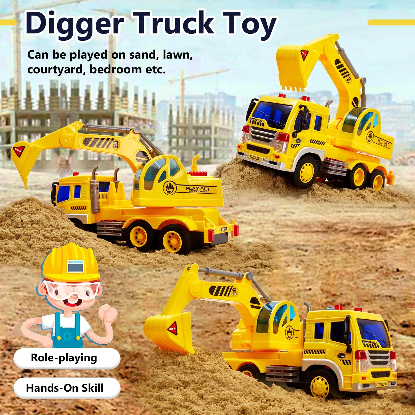 HERSITY Kinder Bagger Spielzeug mit Sound und Licht, 1/16 Fahrzeug Baustellenfahrzeuge Sandkasten, LKW Auto Kinderspielzeug Junge Kinder 3 4 5 Jahre - Image 3