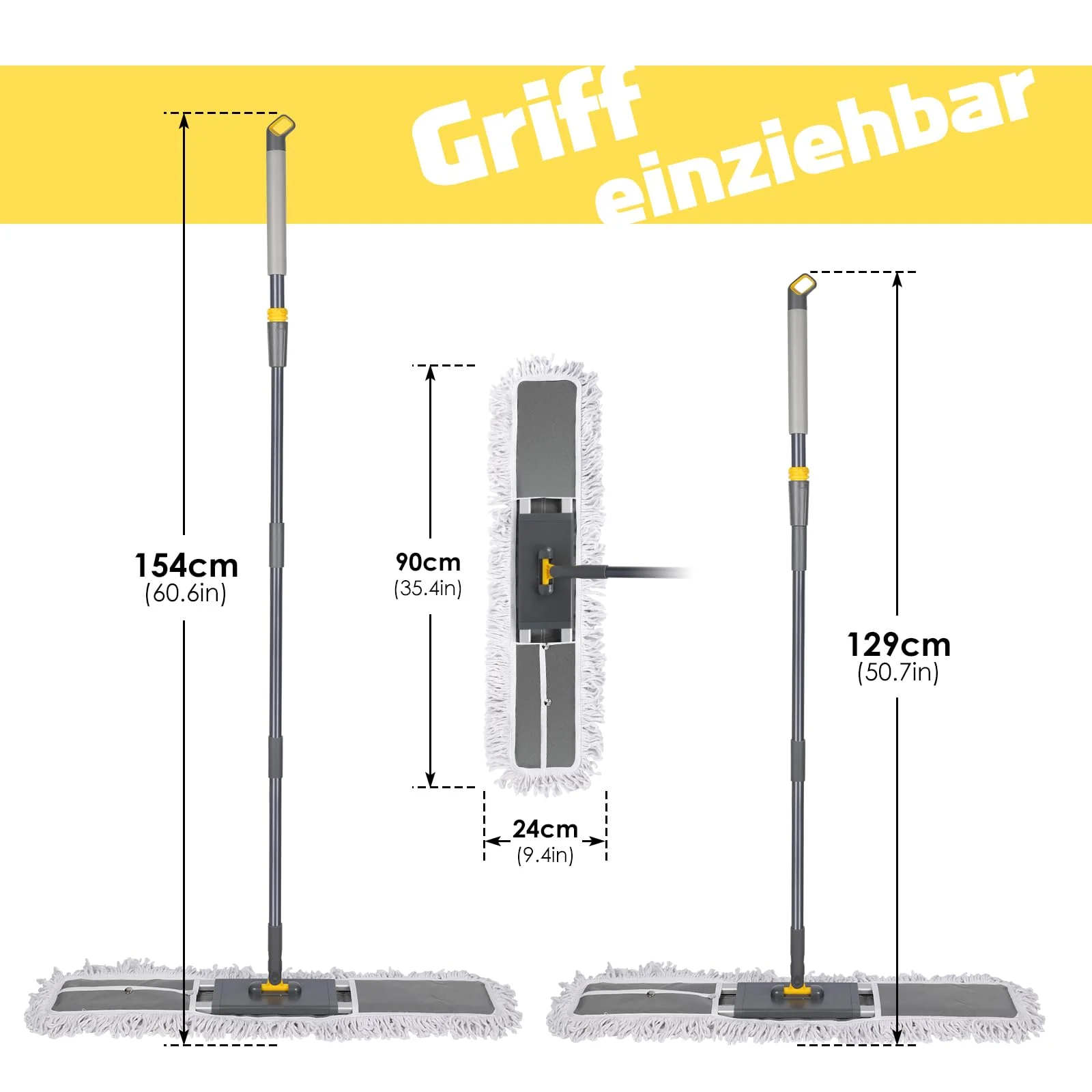 HEVOL Bodenwischer 90cm Breit | Wischmopp mit 154cm Edelstahlgriff & 360°Drehkopf | Industrieller Flachmopp für Haushalt, Büro, Hotel, Mall & Garage | Inkl. 1 Baumwollpad + 2 Mikrofaserpads - Image 2
