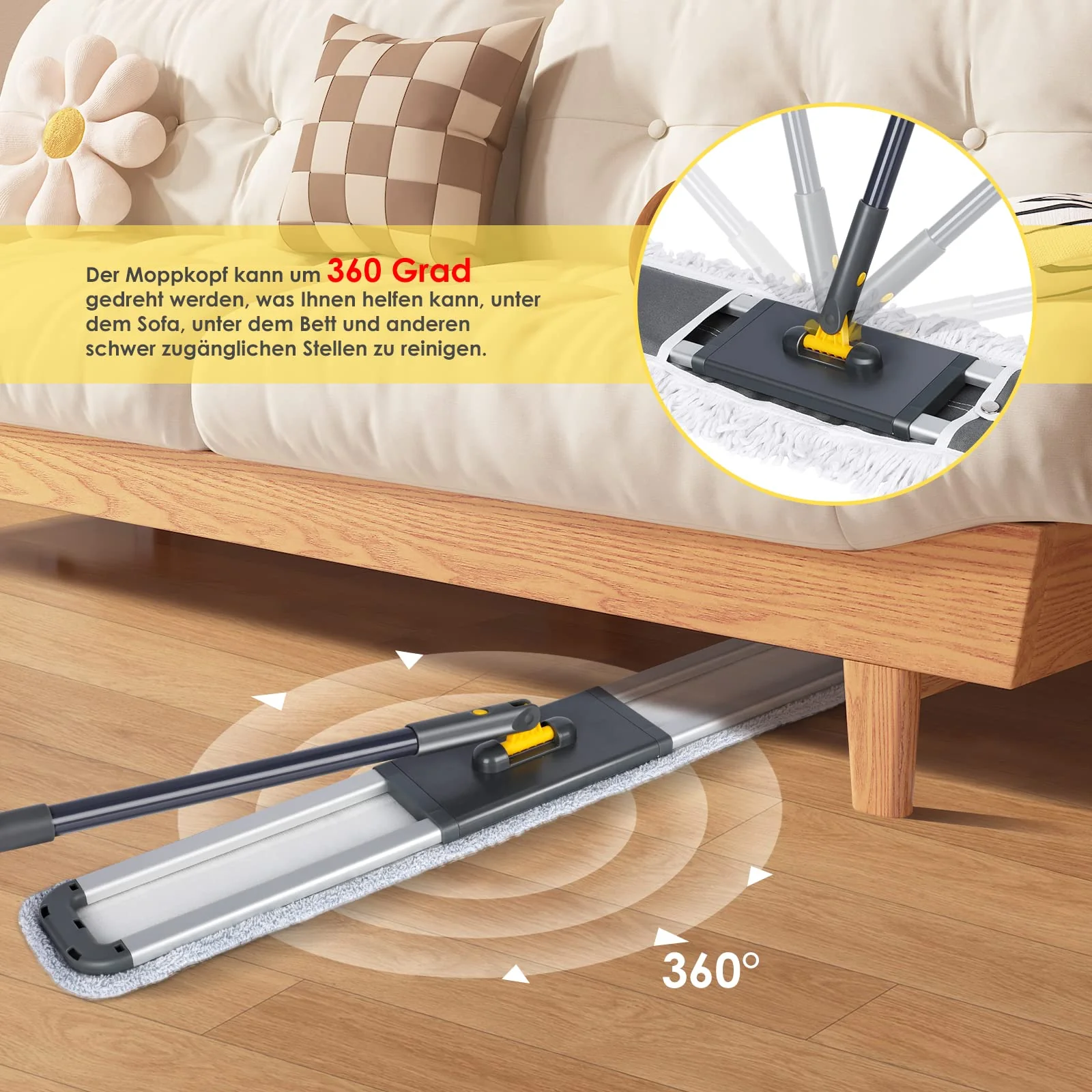 HEVOL Bodenwischer 90cm Breit | Wischmopp mit 154cm Edelstahlgriff & 360°Drehkopf | Industrieller Flachmopp für Haushalt, Büro, Hotel, Mall & Garage | Inkl. 1 Baumwollpad + 2 Mikrofaserpads - Image 4