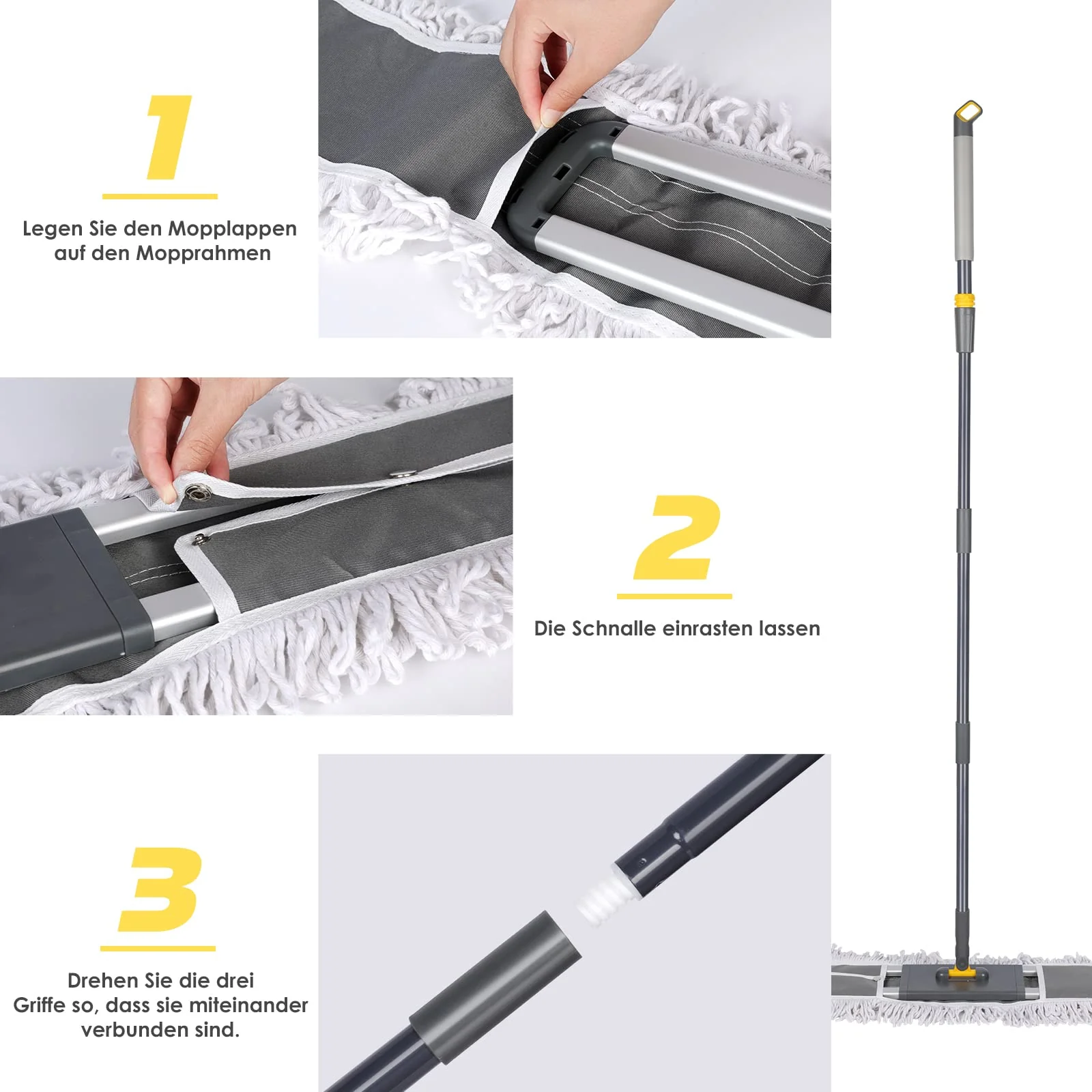 HEVOL Bodenwischer 90cm Breit | Wischmopp mit 154cm Edelstahlgriff & 360°Drehkopf | Industrieller Flachmopp für Haushalt, Büro, Hotel, Mall & Garage | Inkl. 1 Baumwollpad + 2 Mikrofaserpads - Image 5