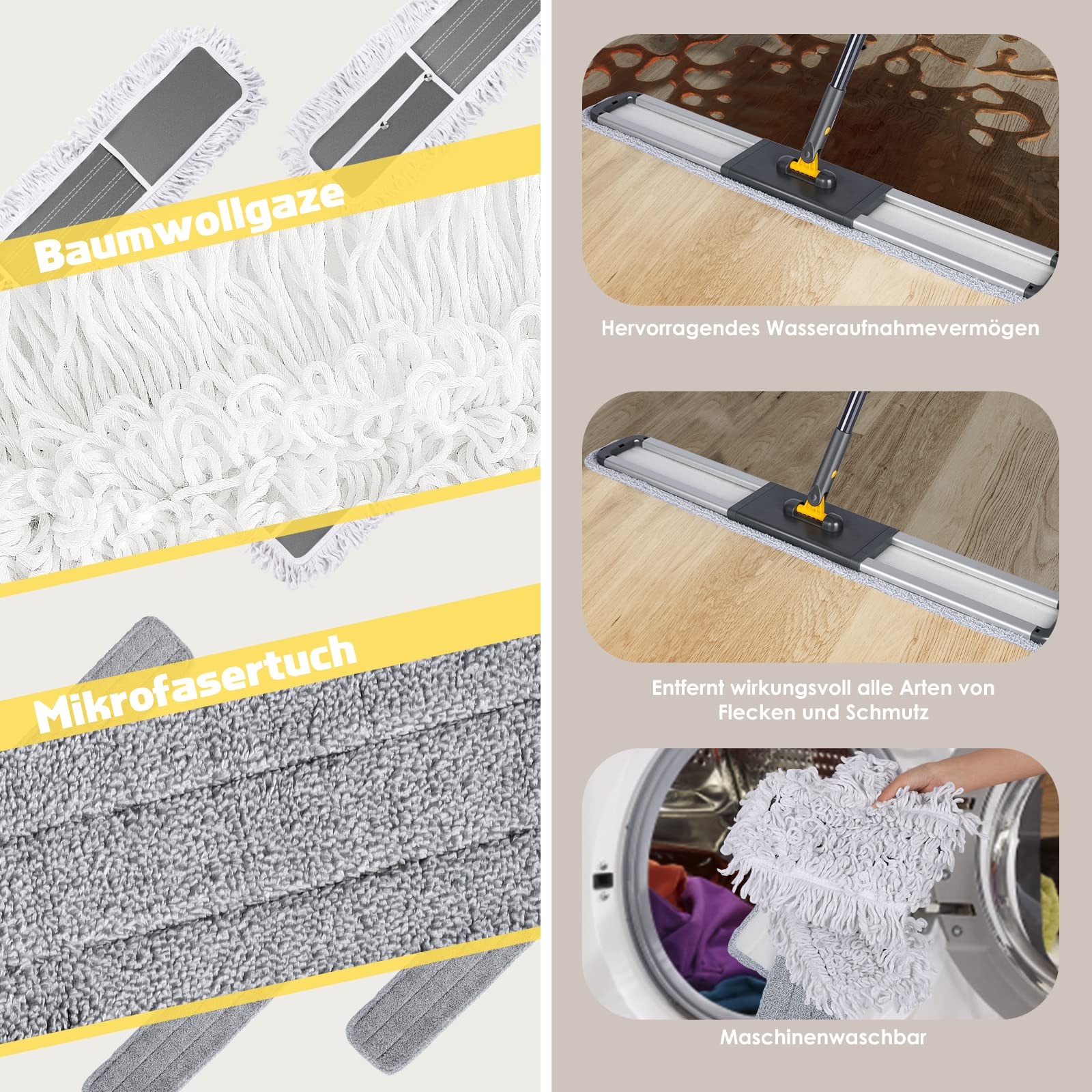 HEVOL Bodenwischer 90cm Breit | Wischmopp mit 154cm Edelstahlgriff & 360°Drehkopf | Industrieller Flachmopp für Haushalt, Büro, Hotel, Mall & Garage | Inkl. 1 Baumwollpad + 2 Mikrofaserpads - Image 6