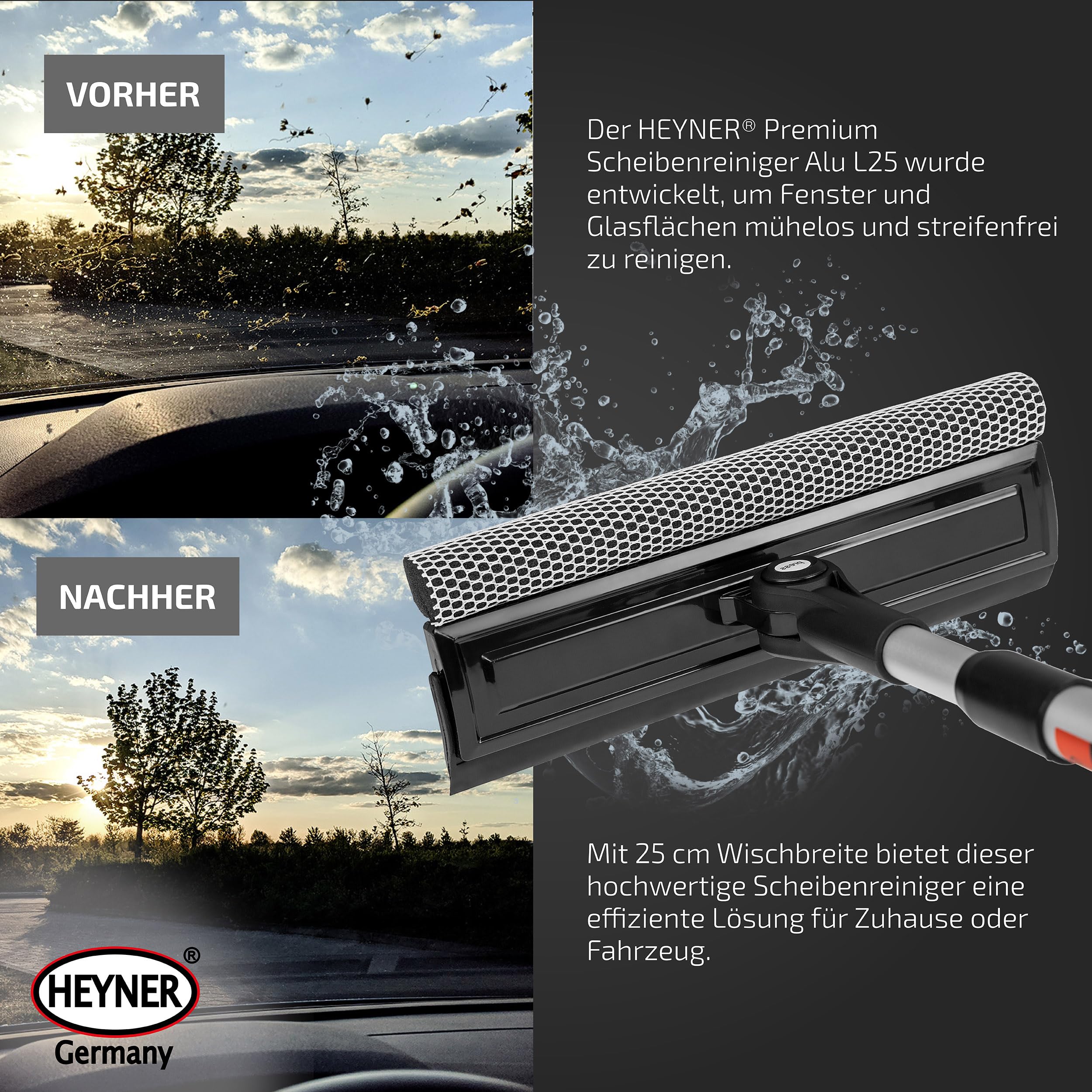 HEYNER® Windschutzscheiben Reiniger Abzieher Auto 25 cm I Teleskop: 53-80 cm I ausziehbar Aluminium-Rohr & ergonomischer Griff, klappbarer Kopf I Scheibenreiniger Fliegenschwamm