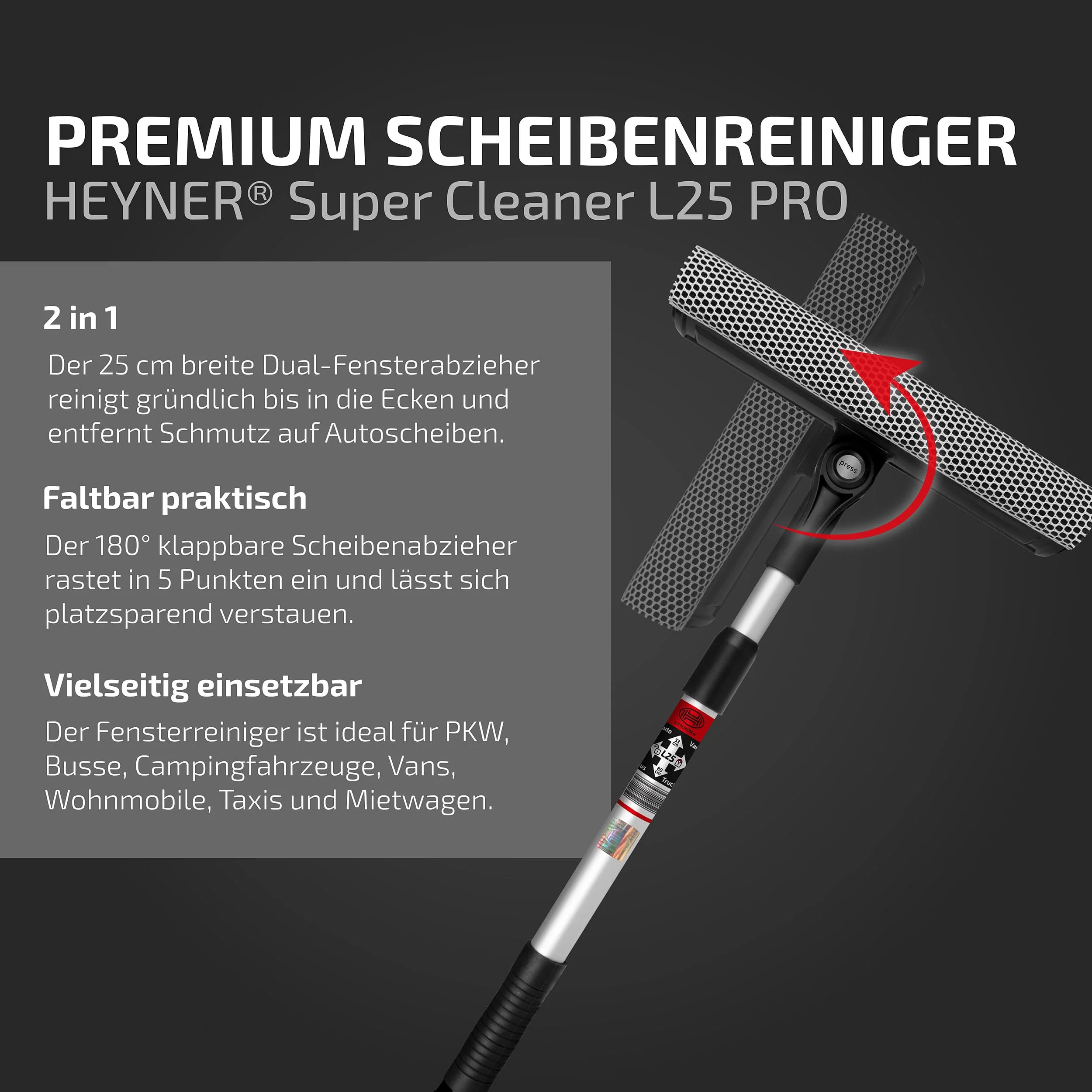 HEYNER® Windschutzscheiben Reiniger Abzieher Auto 25 cm I Teleskop: 53-80 cm I ausziehbar Aluminium-Rohr & ergonomischer Griff, klappbarer Kopf I Scheibenreiniger Fliegenschwamm - Image 3