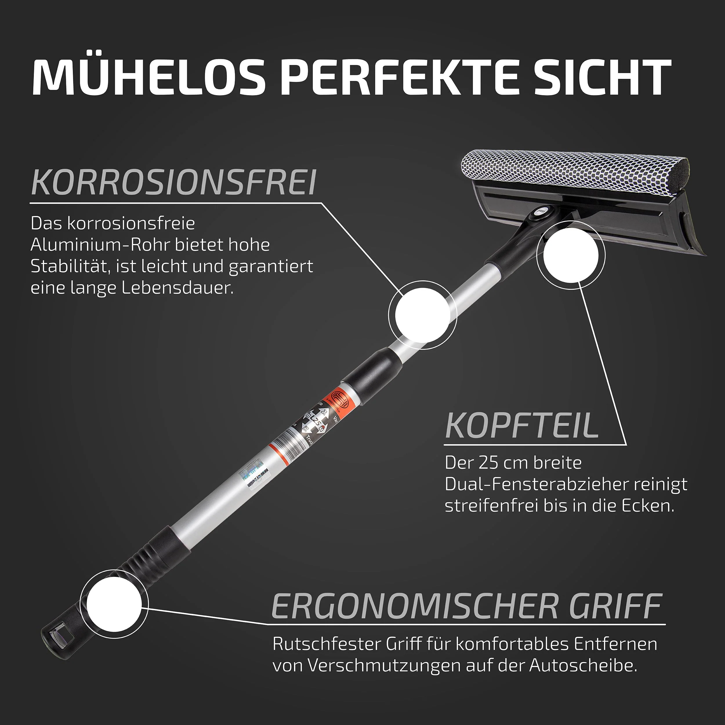 HEYNER® Windschutzscheiben Reiniger Abzieher Auto 25 cm I Teleskop: 53-80 cm I ausziehbar Aluminium-Rohr & ergonomischer Griff, klappbarer Kopf I Scheibenreiniger Fliegenschwamm - Image 4