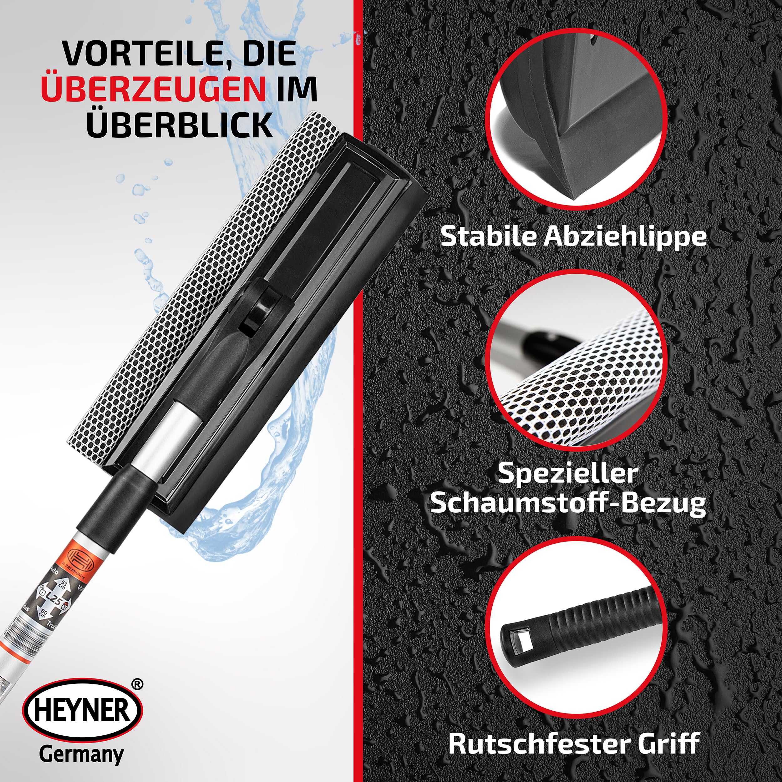 HEYNER® Windschutzscheiben Reiniger Abzieher Auto 25 cm I Teleskop: 53-80 cm I ausziehbar Aluminium-Rohr & ergonomischer Griff, klappbarer Kopf I Scheibenreiniger Fliegenschwamm - Image 5