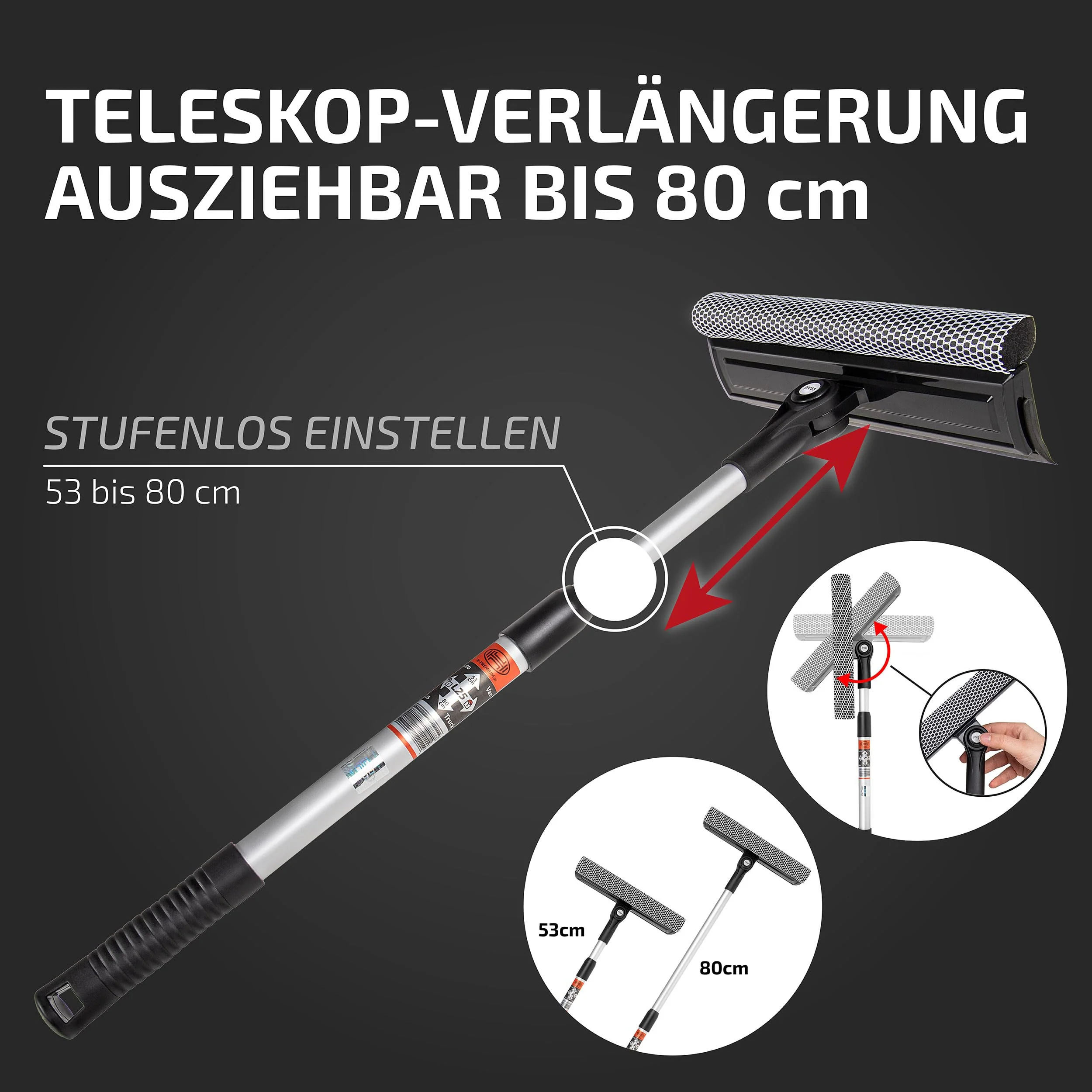 HEYNER® Windschutzscheiben Reiniger Abzieher Auto 25 cm I Teleskop: 53-80 cm I ausziehbar Aluminium-Rohr & ergonomischer Griff, klappbarer Kopf I Scheibenreiniger Fliegenschwamm - Image 6