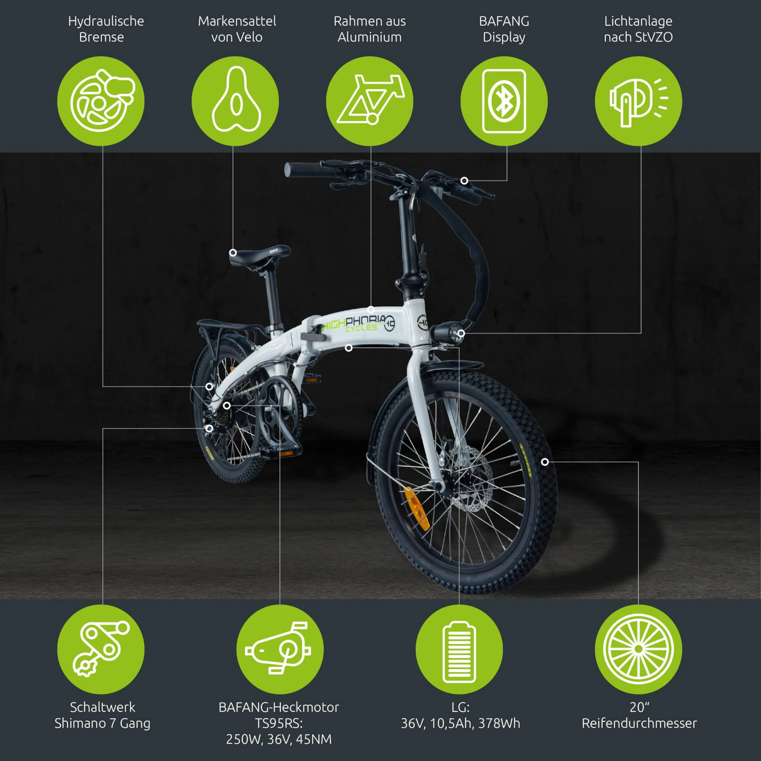 Highphoria E Bike Klapprad Elektrofahrräder 20 Zoll, Klappfahrrad Erwachsene mit 36V 10,5Ah 378Wh Batterie, 250W Motor, 7-Gang Elektrofahrrad 25km/h, 100km Reichweite(Schwarz/Grün) - Image 2