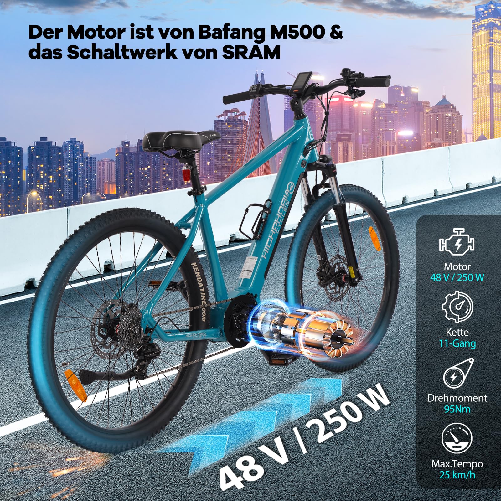 Highphoria Elektrofahrrad Erwachsene 27.5 Zoll, 250W 25 km/h E-Bike mit Batterie, Starker Motor, Kettenschaltung, E-Mountainbike mit Hydraulische Federgabel Pedelec(Schwarz-Grün) - Image 8