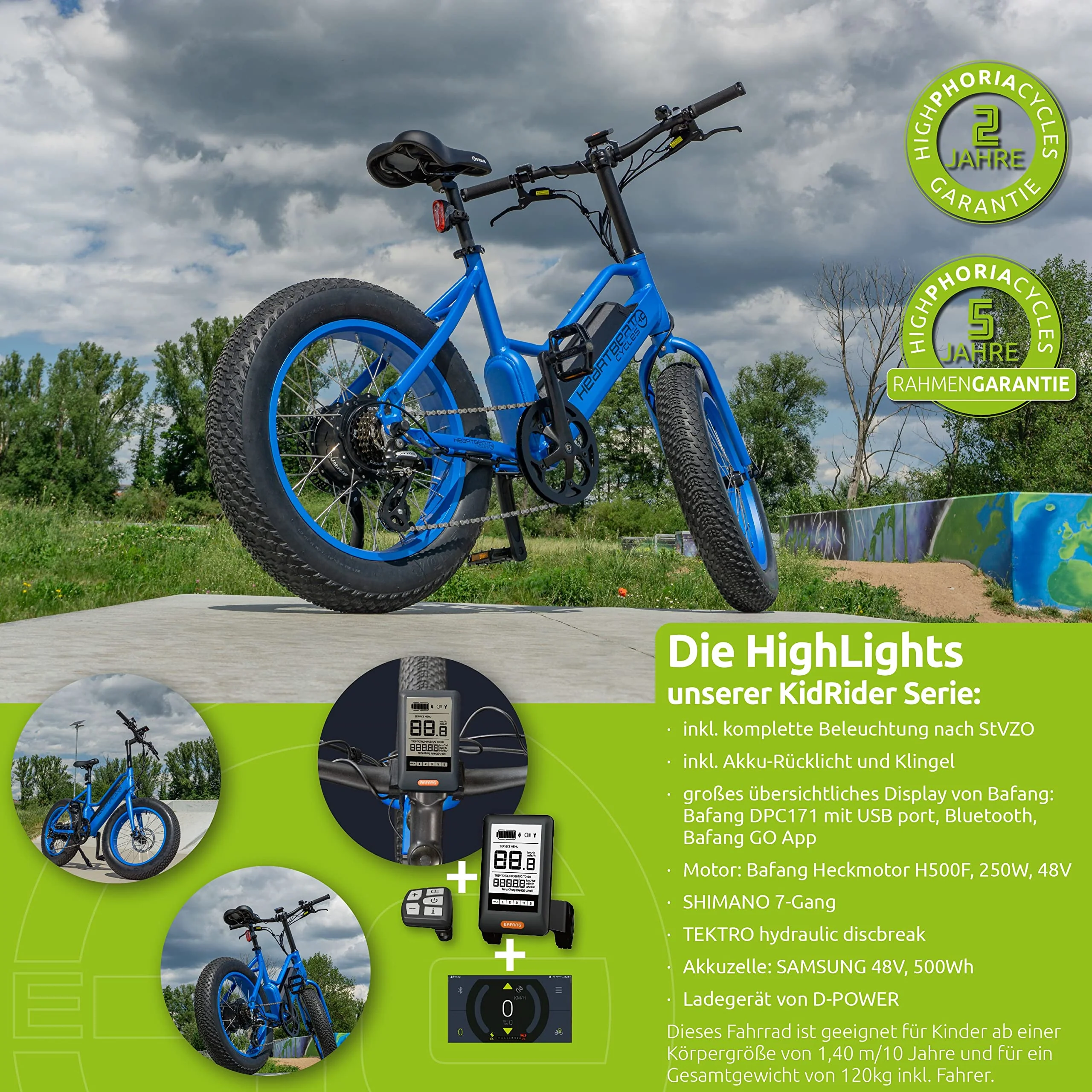 Highphoria Elektrofahrrad Kinder 20 Zoll, Fat Tire E-Bike für Kids, 25 km/h 100km E-Mountainbike Elektro Fahrrad mit 48V 250W Motor, 7-Gänge Pedelec (Blau/Blau) - Image 2
