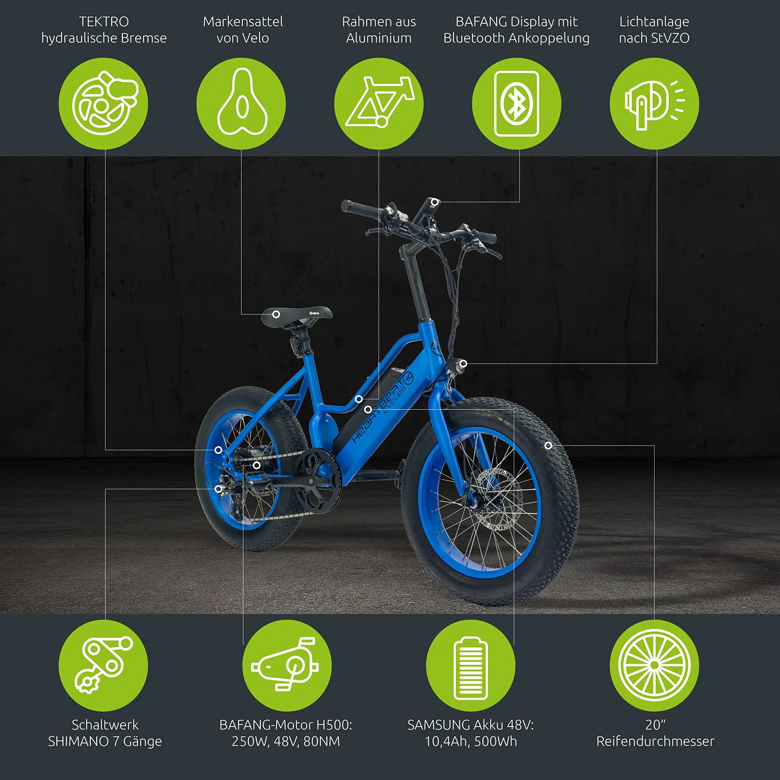 Highphoria Elektrofahrrad Kinder 20 Zoll, Fat Tire E-Bike für Kids, 25 km/h 100km E-Mountainbike Elektro Fahrrad mit 48V 250W Motor, 7-Gänge Pedelec (Blau/Blau) - Image 6