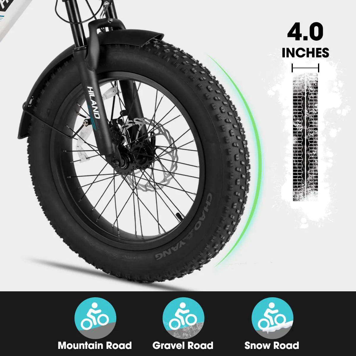 HILAND 20 Zoll 4.0 Fat Tire E Bike Cargo für Erwachsene, Aluminium Alloy Frame Fat Tire Elektrofahrrad, Suspension Fork Elektrofahrrad mit Gepäckträger für Damen und Herren Silber - Image 14