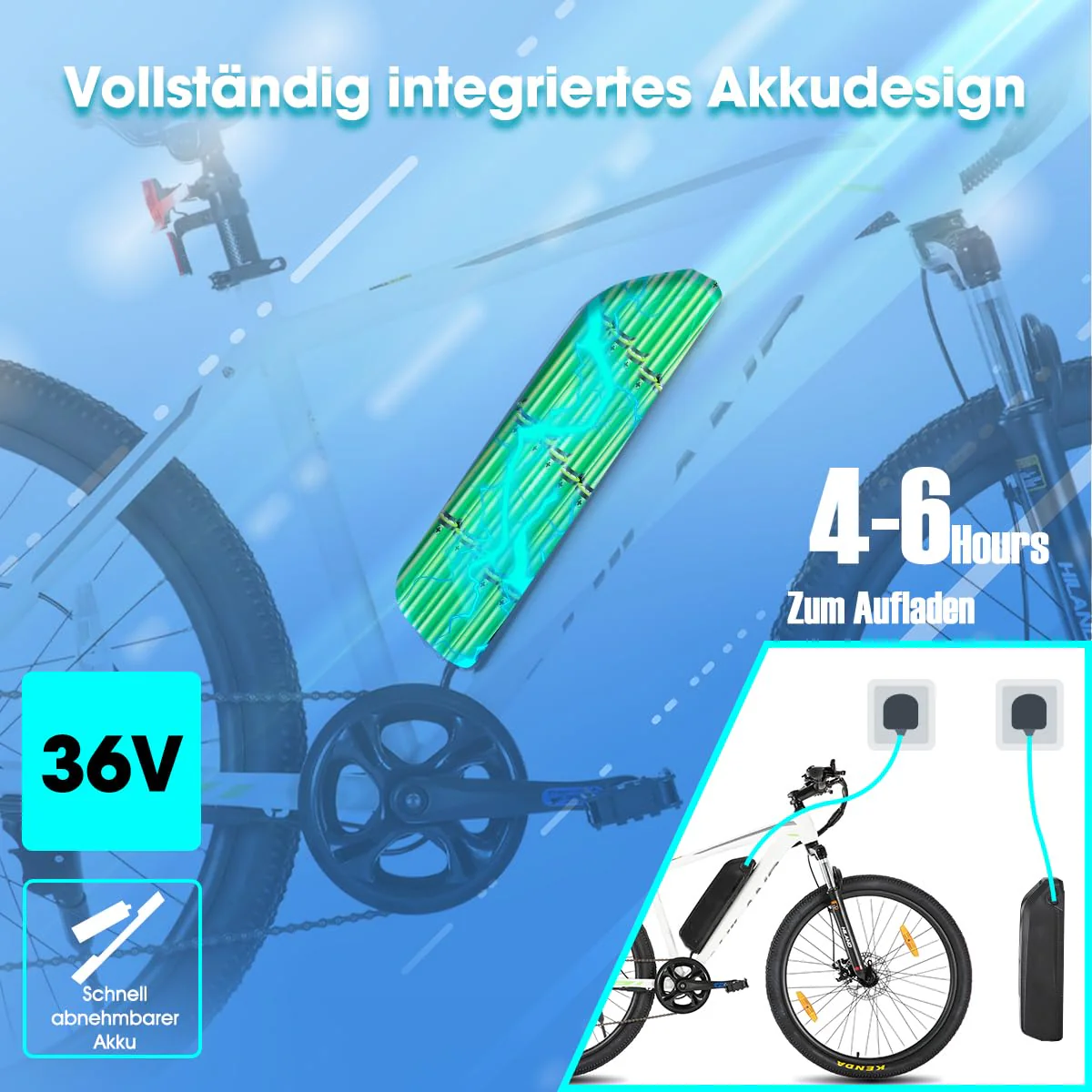 Hiland 26 Zoll Elektrofahrrad, 7 Gang 250W Motor E-Bike für Männer Frauen, Herren und Damen Elektro-Mountainbike mit Scheibenbremsen, 36V 7.8Ah Akku E-MTB, Weiß - Image 6