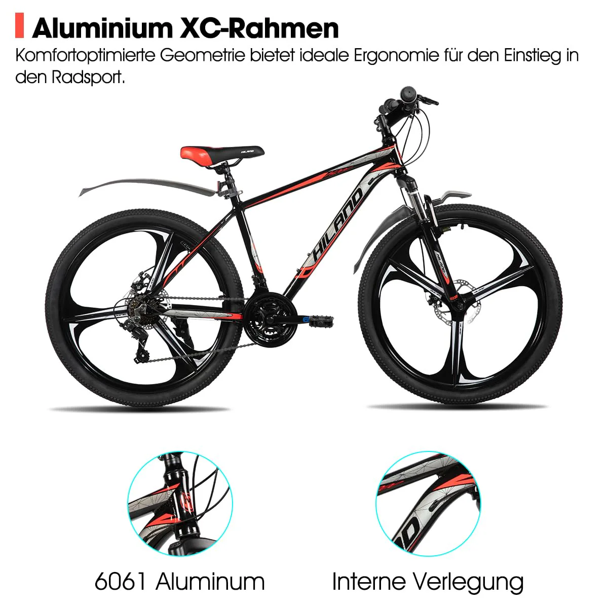 HILAND 26 Zoll Mountainbike für Erwachsene, 3 Speichenrad 18 Gang Herren Damen Mountainbike, mit Doppelscheibenbremse, 26 Zoll MTB Aluminiumrahmen Fahrrad, Schwarz - Image 6