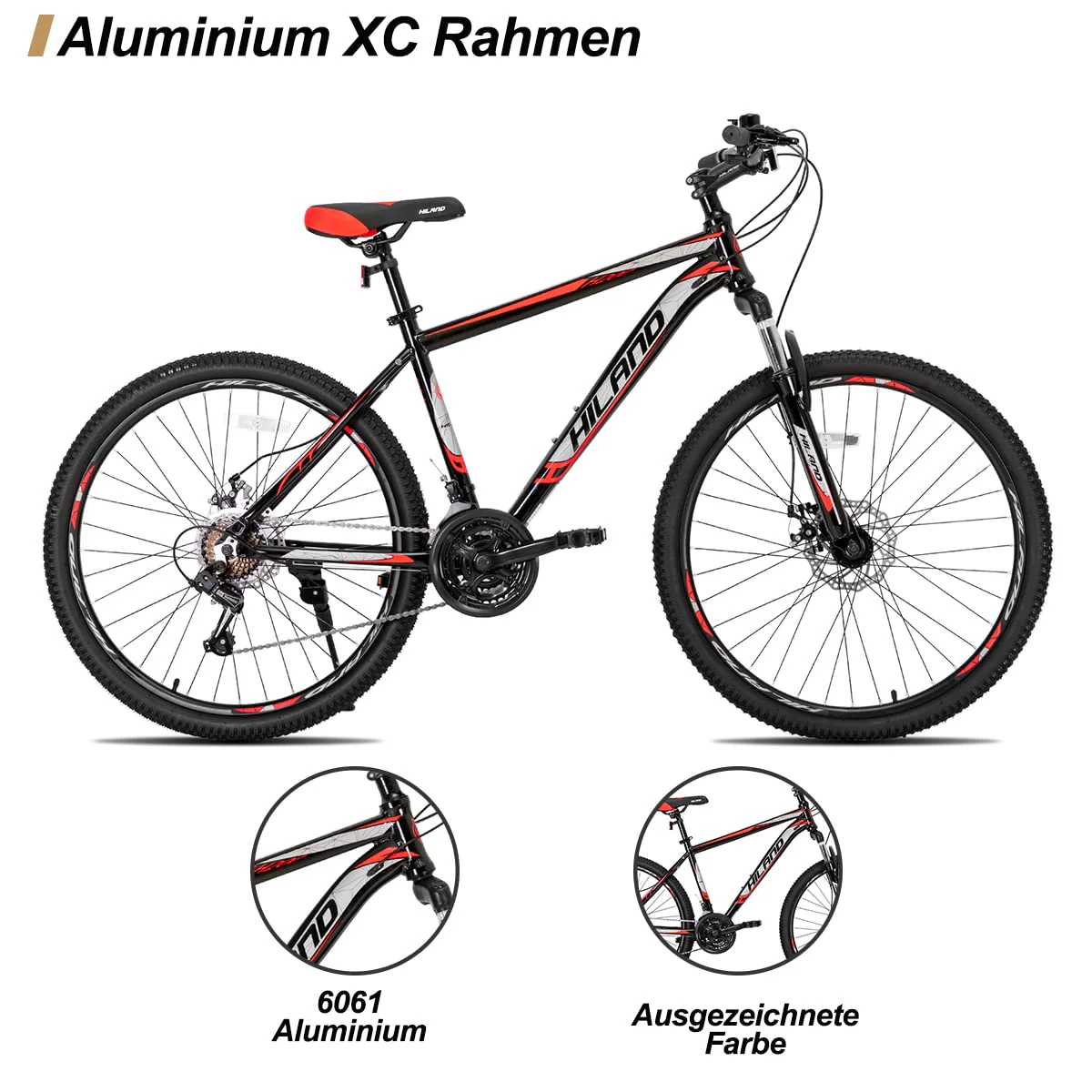 Hiland 27,5 Zoll Mountainbike 21-Gang MTB Aluminiumrahmen Scheibenbremse Speichenräder Jugendliche Fahrad Herr Damen Einteiliges Fahrradrad Schwarz&Rot - Image 5