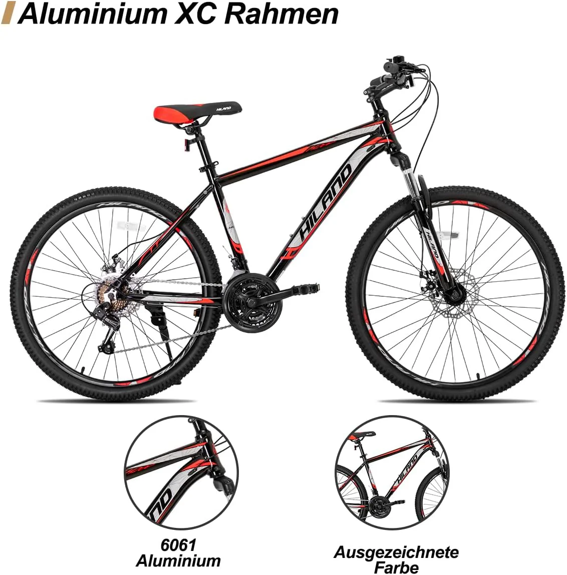 Hiland 27,5 Zoll Mountainbike 21-Gang MTB Aluminiumrahmen Scheibenbremse Speichenräder Jugendliche Fahrad Herr Damen Einteiliges Fahrradrad Schwarz&Rot - Image 9
