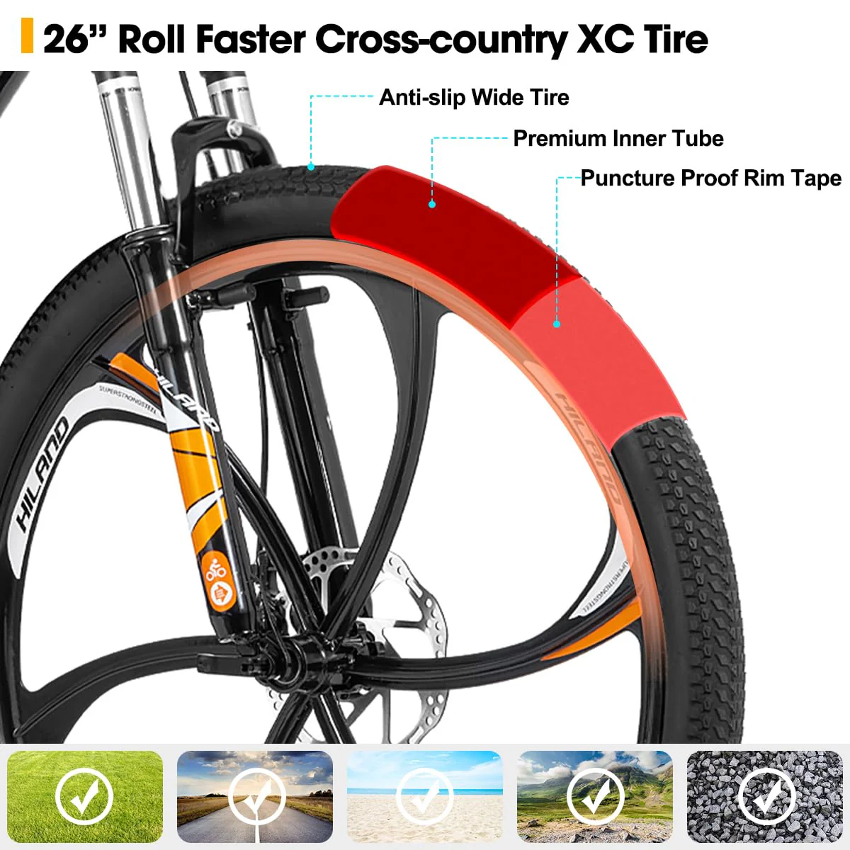 Hiland Mountainbike, 6 Speichen, 21 Gänge Schaltung, Aluminium Rahmen 26 Zoll Räder, Scheibenbremse Fahrrad für Männer Frauen Herren MTB-Fahrrad, Orange - Image 2