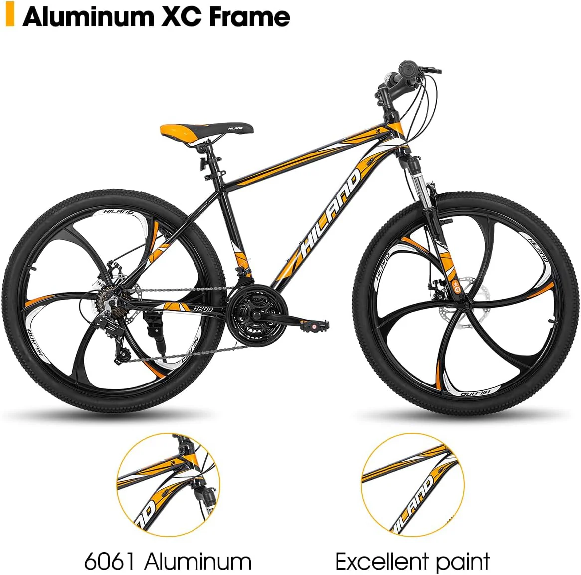 Hiland Mountainbike, 6 Speichen, 21 Gänge Schaltung, Aluminium Rahmen 26 Zoll Räder, Scheibenbremse Fahrrad für Männer Frauen Herren MTB-Fahrrad, Orange - Image 6