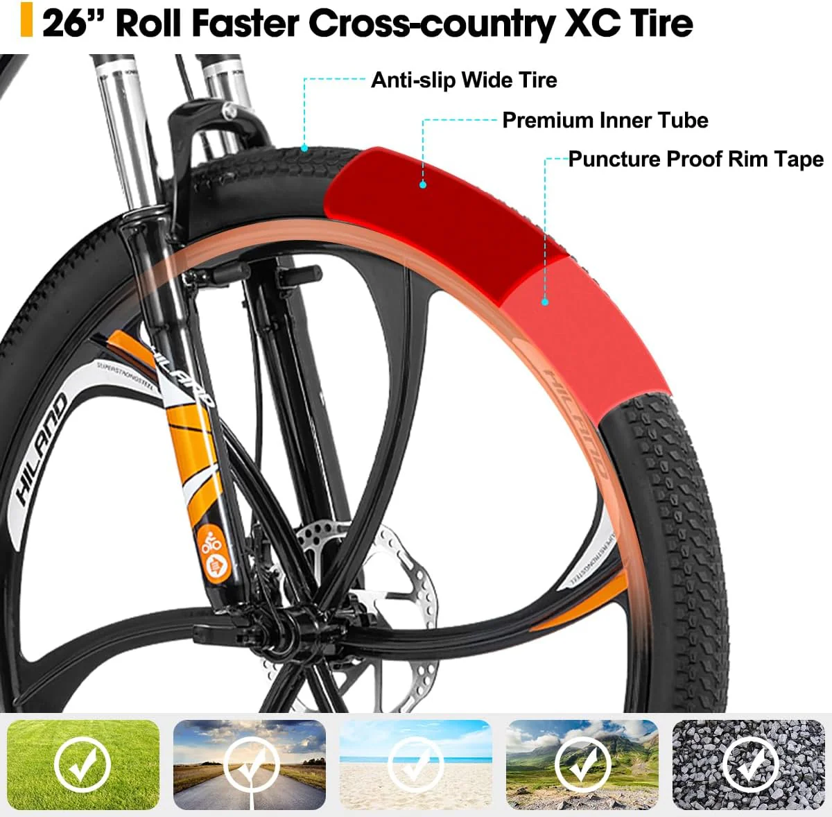 Hiland Mountainbike, 6 Speichen, 21 Gänge Schaltung, Aluminium Rahmen 26 Zoll Räder, Scheibenbremse Fahrrad für Männer Frauen Herren MTB-Fahrrad, Orange - Image 8