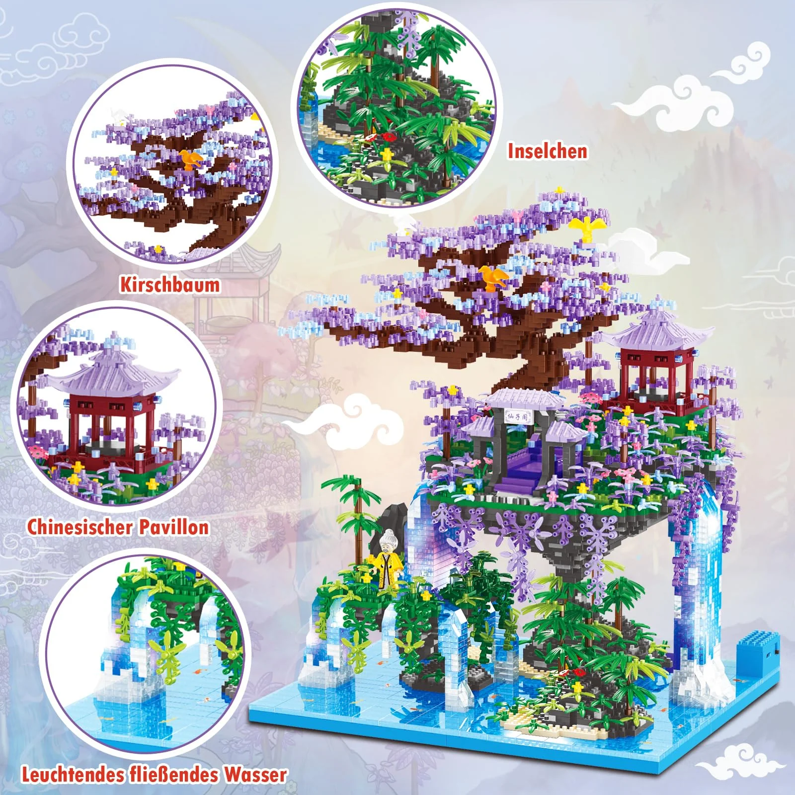 HILKKET Sakura Baumhaus Bauklötze Kit, 4574 Teile Chinesische Architektur Bausteine mit Lichter, Feenpavillon Micro Mini Bausteine, Sakura Baumhaus Lichter Baukasten mit Geschenkbox - Image 5