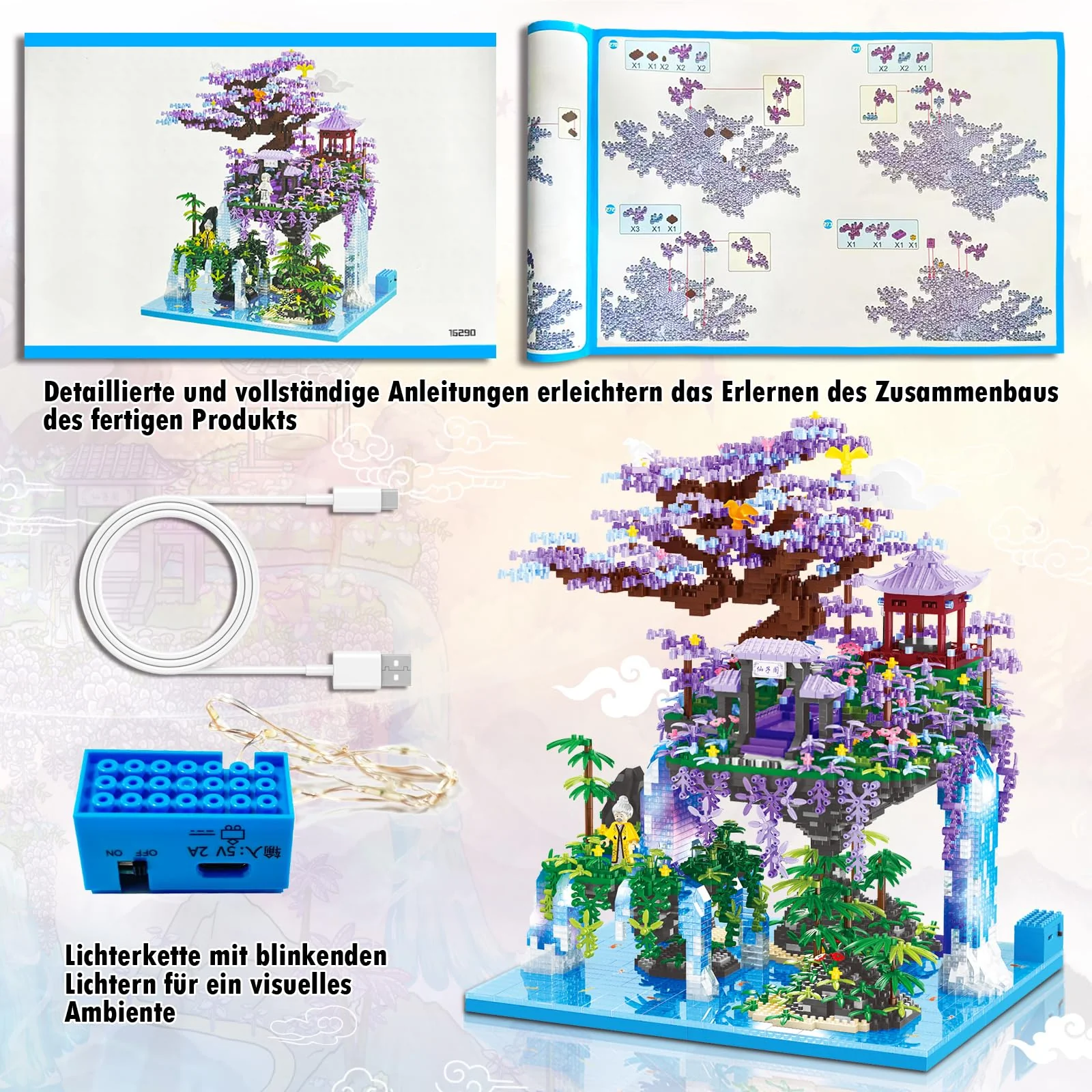 HILKKET Sakura Baumhaus Bauklötze Kit, 4574 Teile Chinesische Architektur Bausteine mit Lichter, Feenpavillon Micro Mini Bausteine, Sakura Baumhaus Lichter Baukasten mit Geschenkbox - Image 7
