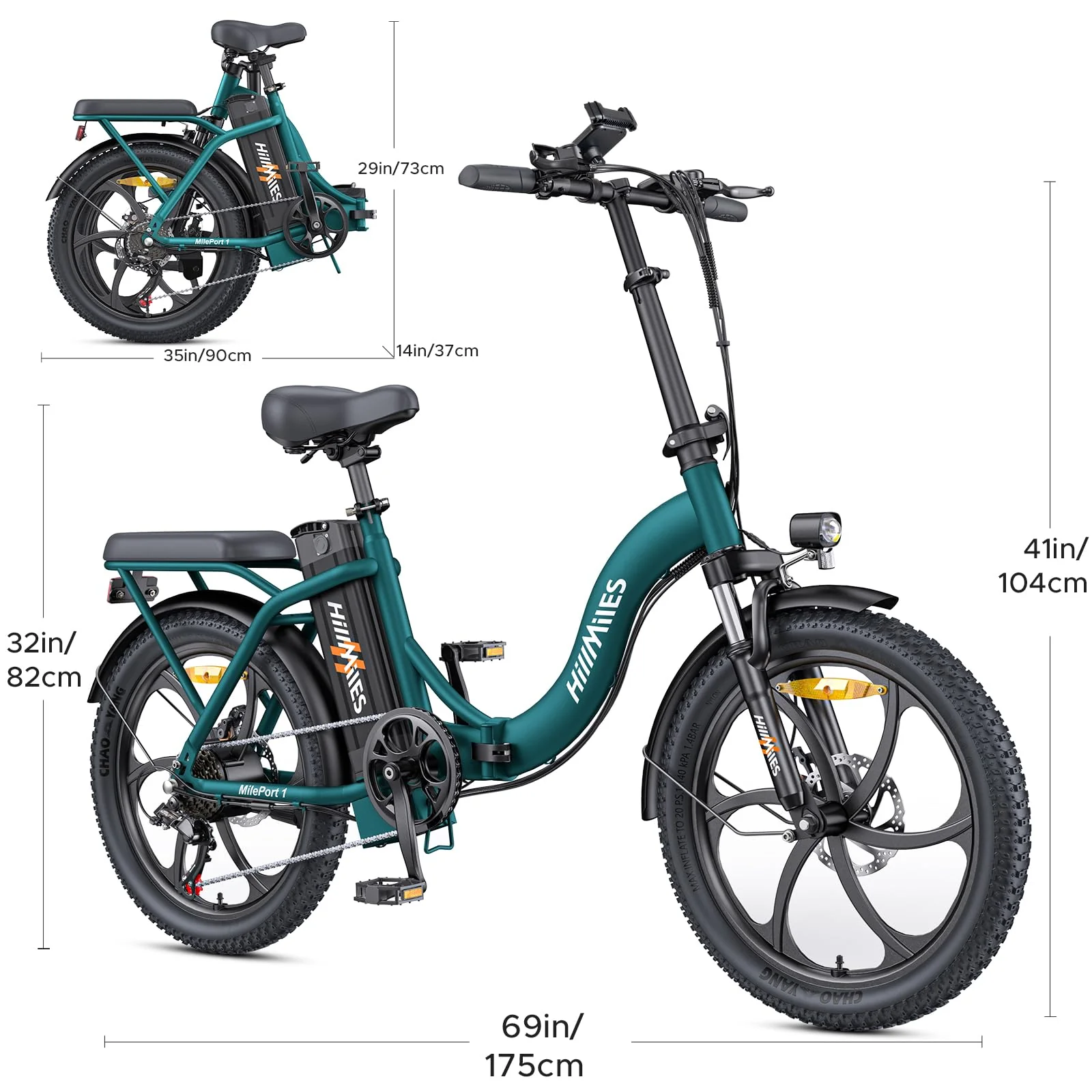 HillMiles MilePort 1 Elektrofahrrad Für Erwachsene, 250W Klappbares Elektrofahrrad Mit 36V 13AH Abnehmbarem Akku, Geschwindigkeit 25KM/H und Reichweite 100KM, 20„ * 3.0“ Fetter Reifen - Image 2