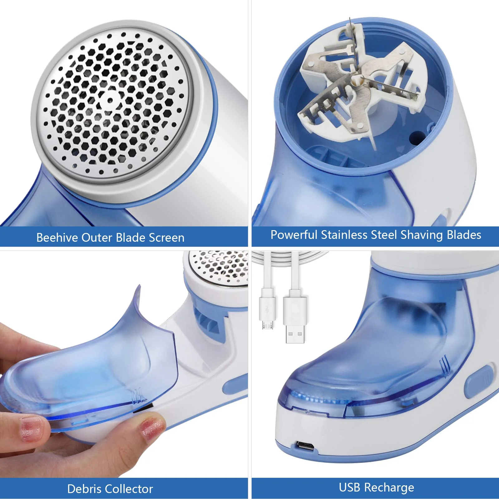 Hippodance Fusselrasierer Elektrisch,Fabric Shaver, Fusselentferner für Pullover und Wolle mit USB Kable Austauschbare Klinge,für Pullover und Wolle(Blau)