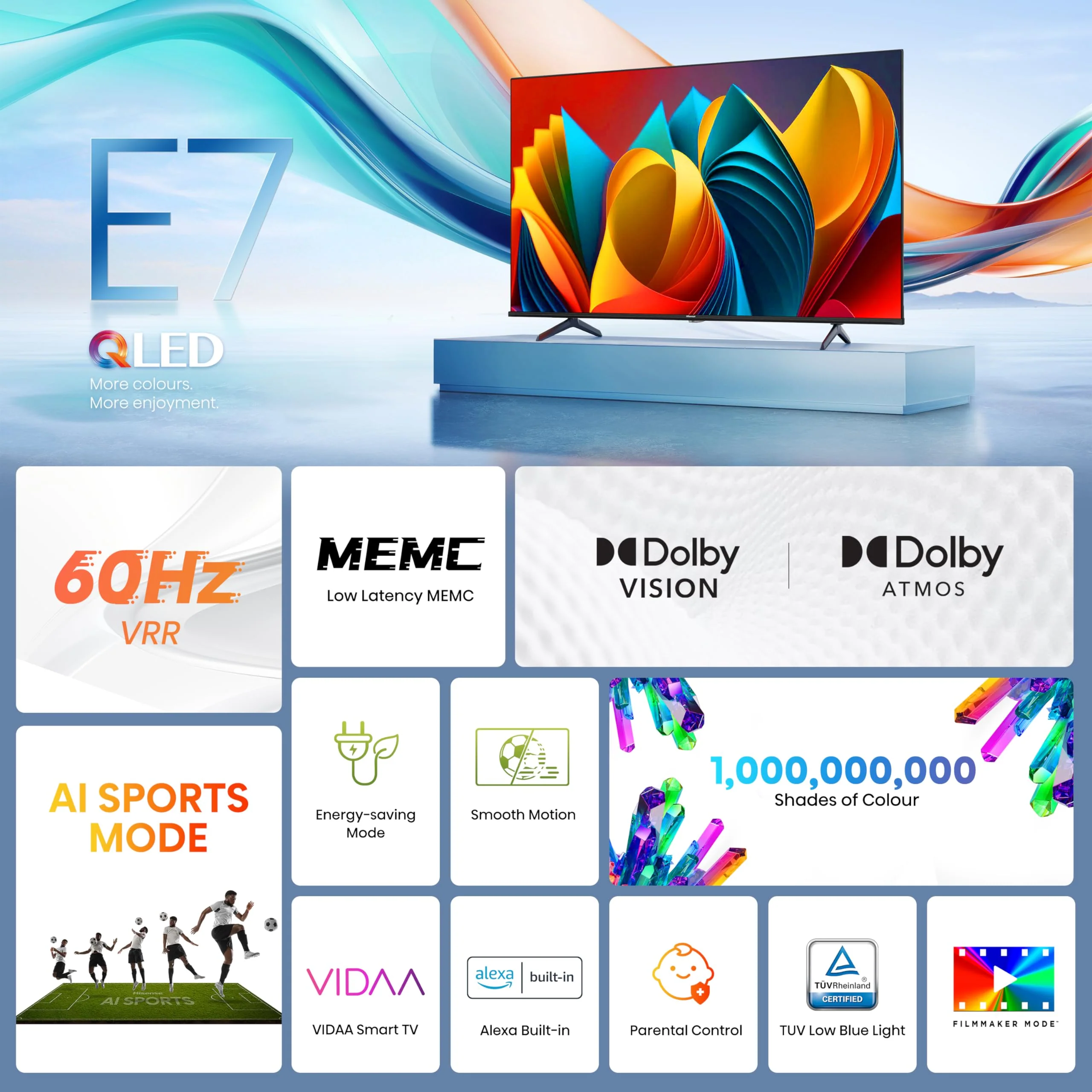 Hisense 43E7NQ 108 cm (43 Zoll) Fernseher, 4K UHD, QLED, HDR10, HDR10+ decoding, HLG, Dolby Vision Atmos, 60Hz Panel, Smooth Motion, Bluetooth, Alexa Built-in, VIDAA Voice, Schwarz [2024] - Image 7