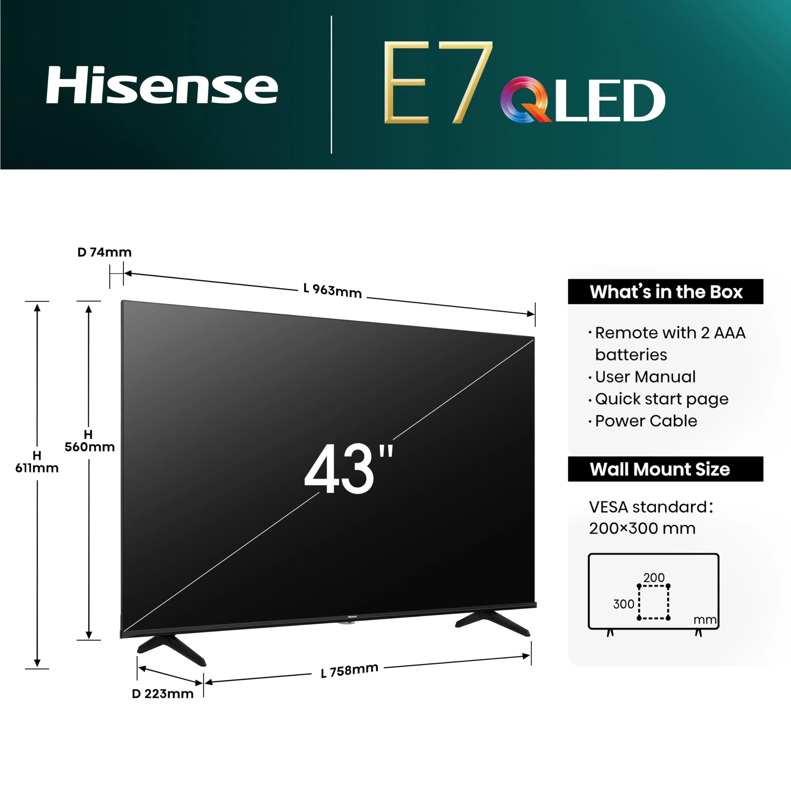 Hisense 43E7NQ 108 cm (43 Zoll) Fernseher, 4K UHD, QLED, HDR10, HDR10+ decoding, HLG, Dolby Vision Atmos, 60Hz Panel, Smooth Motion, Bluetooth, Alexa Built-in, VIDAA Voice, Schwarz [2024] - Image 9