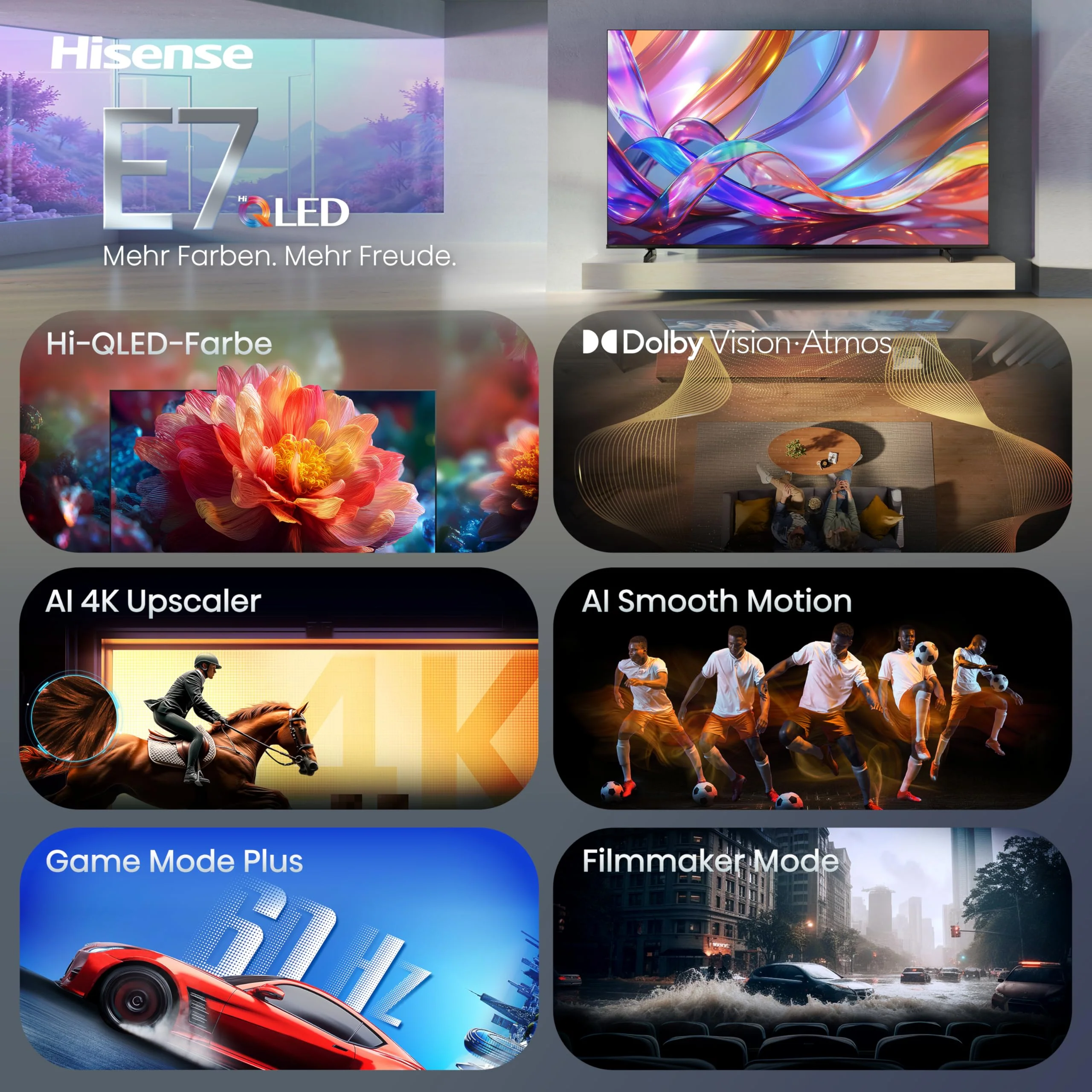 Hisense 55E7DS Fernseher 55 Zoll, 4K UHD QLED, Smart TV, Hi-View AI Engine, 60Hz Game Mode Plus, Dolby Vision IQ, HI-QLED Colour, Filmmaker Mode, AI Smooth Motion, Airplay, Sprachsteuerung[2026] - Image 15