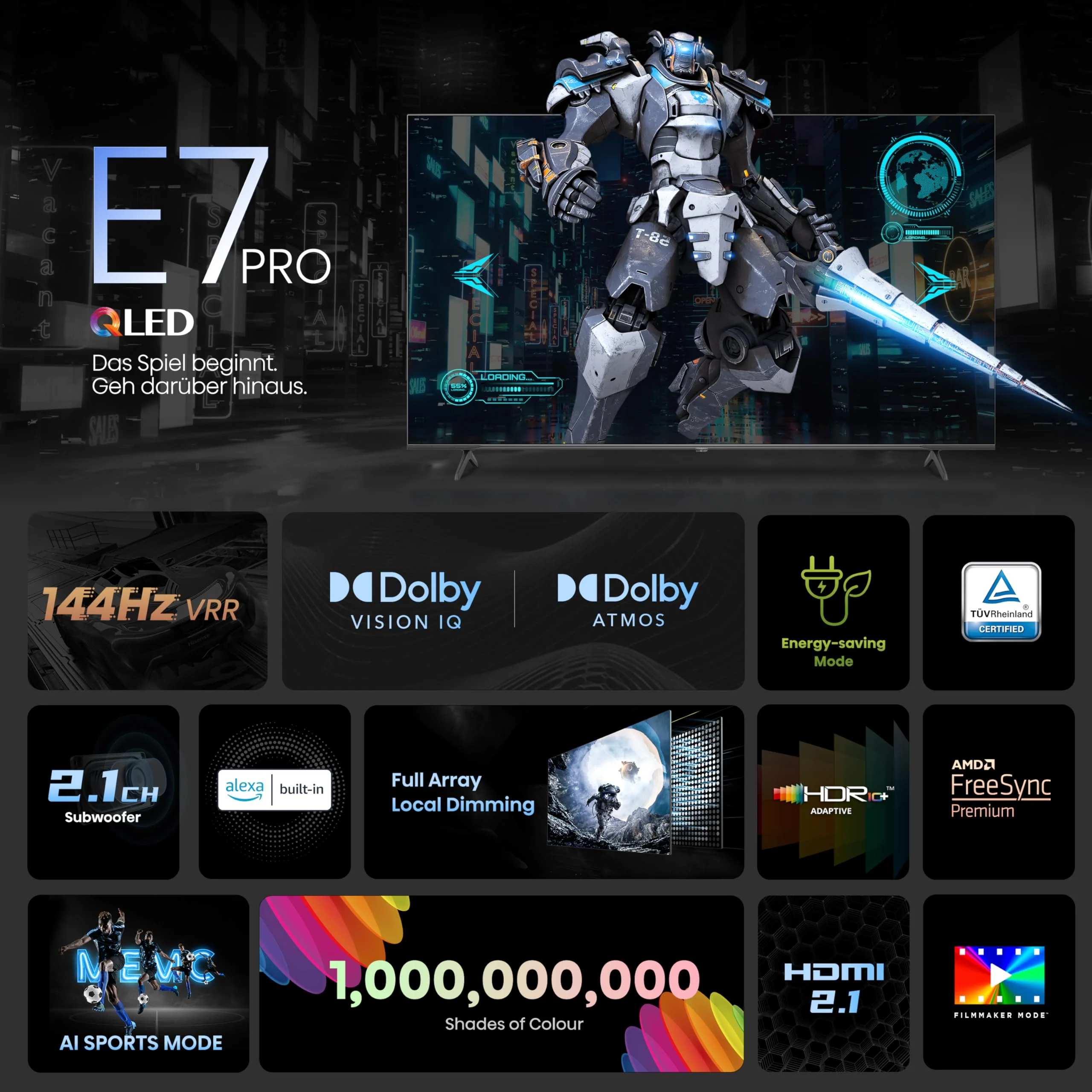 Hisense 65E7NQ Pro 164 cm (65 Zoll) Fernseher, 4K UHD, QLED, Smart TV, Total HDR, Dolby Vision IQ Atmos, 144Hz (VRR), HDMI 2.1, Game Mode PRO, Triple Tuner, Alexa Built-In, Dunkelgrau, [2024] - Image 4