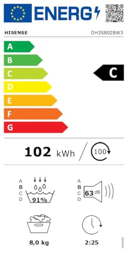 Hisense DH3S802BW3, 8KG, Kondensation mit Wärmepumpe, 16 Programme, ConnectLife, TwinAir, Weiß, Energieeffizienzklasse C - Image 2