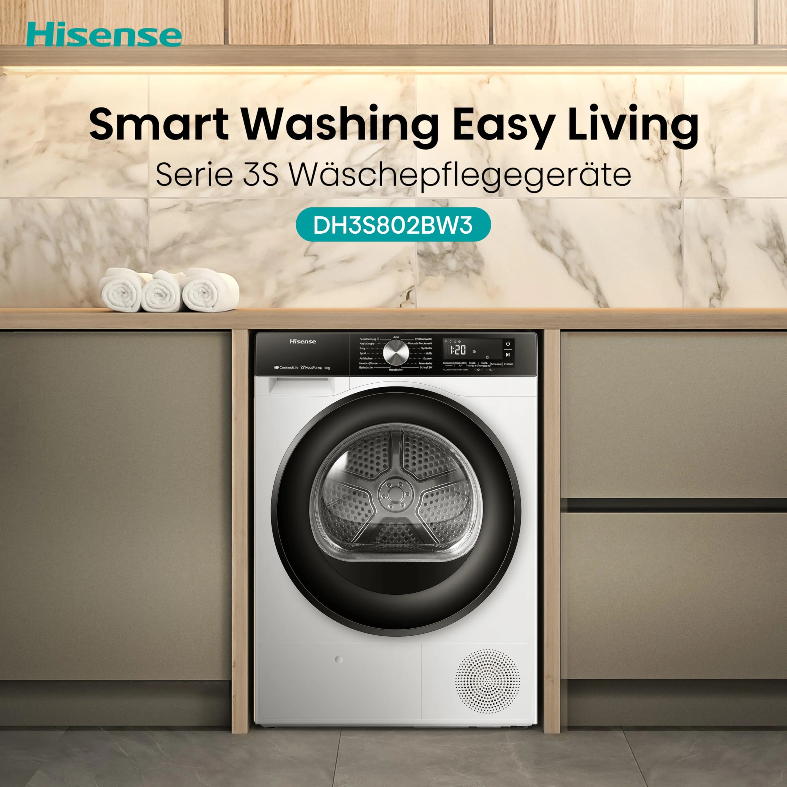 Hisense DH3S802BW3, 8KG, Kondensation mit Wärmepumpe, 16 Programme, ConnectLife, TwinAir, Weiß, Energieeffizienzklasse C - Image 3