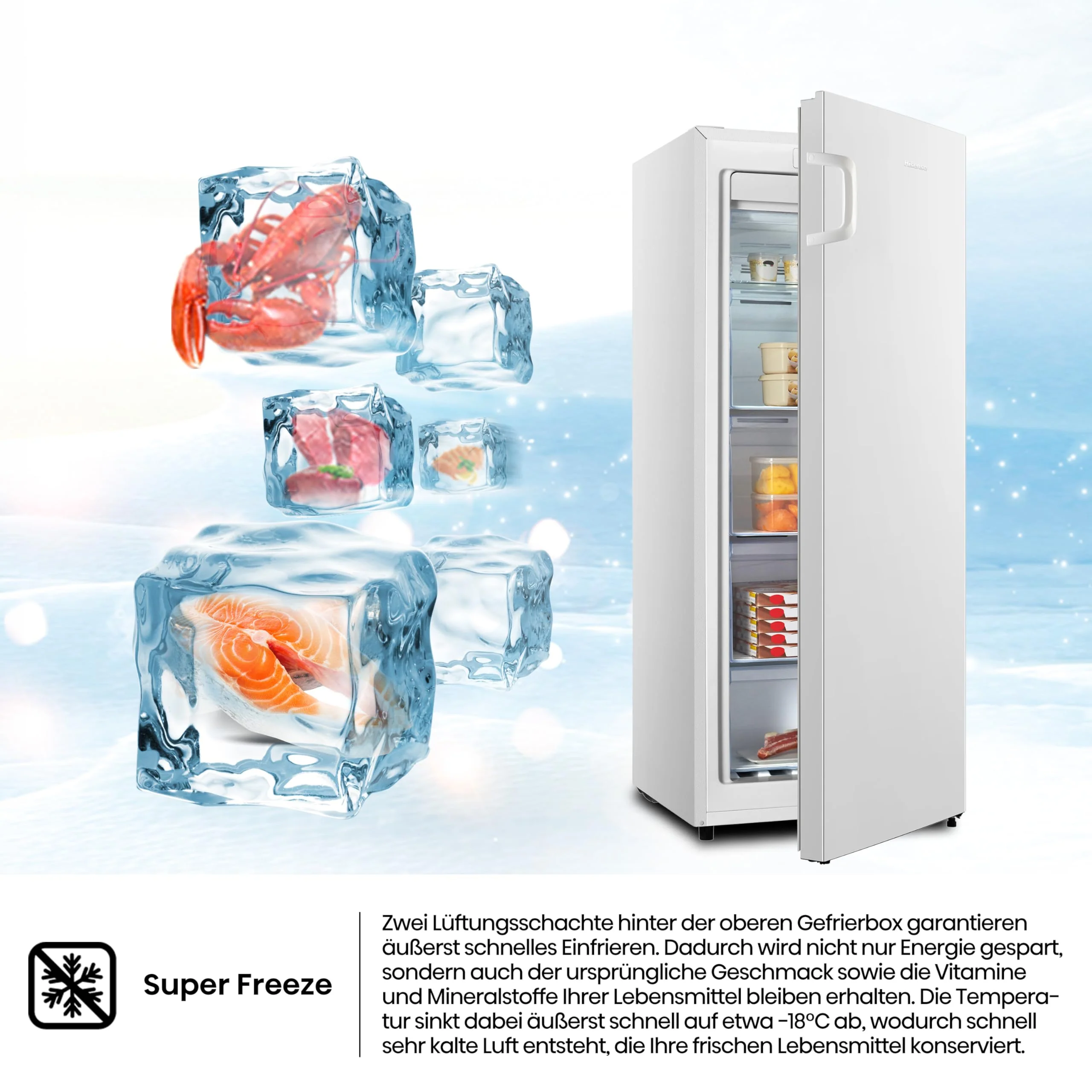 Hisense FV191N4AW2 Gefrierschrank/ TotalNoFrost/ SuperFreeze/ Türalarm/ Multiflow 360°/ BigBox/ 143,4 cm/ Gefrierteil 147 l/ 41 dB/ 205 kWh/Weiß - Image 4