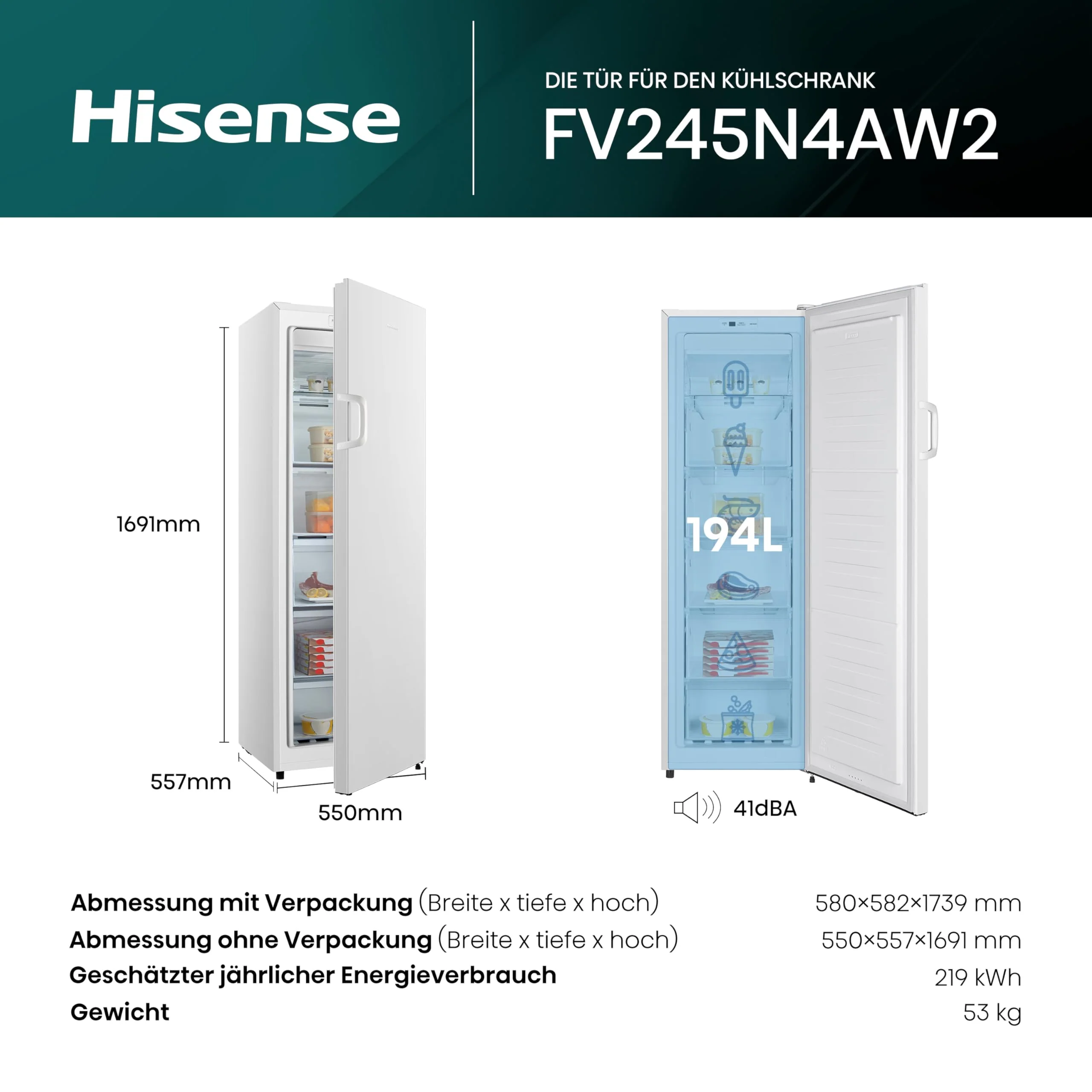 Hisense FV245N4AW2 Gefrierschrank/ TotalNoFrost/ SuperFreeze/ Türalarm/ BigBox/ 169,1 cm/ Gefrierteil 194 l/ 41 dB/ 219 kWh/ Jahr/ Inox-Look, Weiß - Image 7